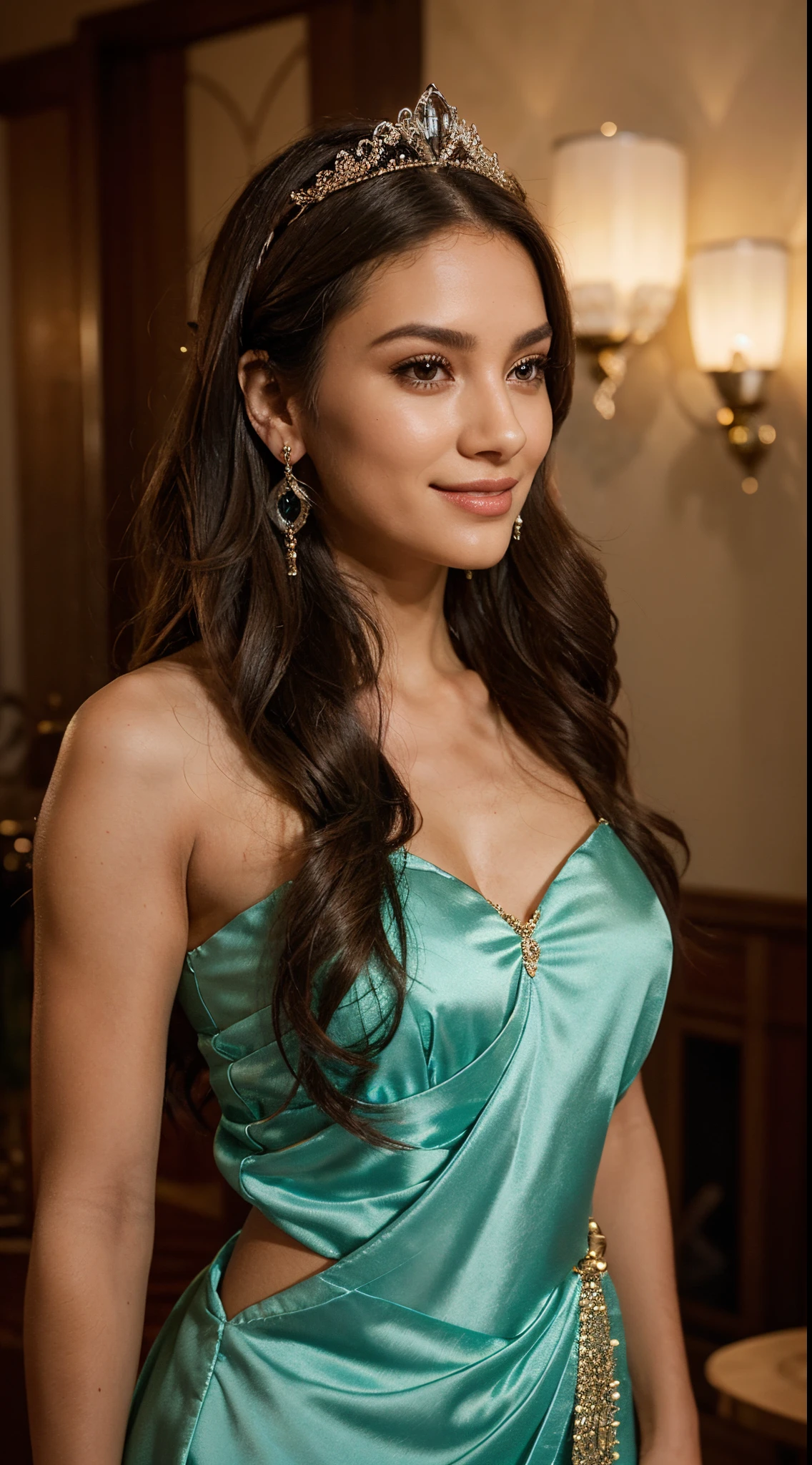 Generate an image of a stunning woman with a captivating presence. Describe her with flowing hair, a radiant smile, and an elegant yet comfortable attire that complements her beauty. Emphasize her features using cinematic lighting, creating a warm and inviting atmosphere. Consider incorporating details like crystal earrings, a tiara, or other accessories to enhance her overall allure. Utilize diverse keywords from the SeaArt list for each category to ensure a rich and varied visual representation.