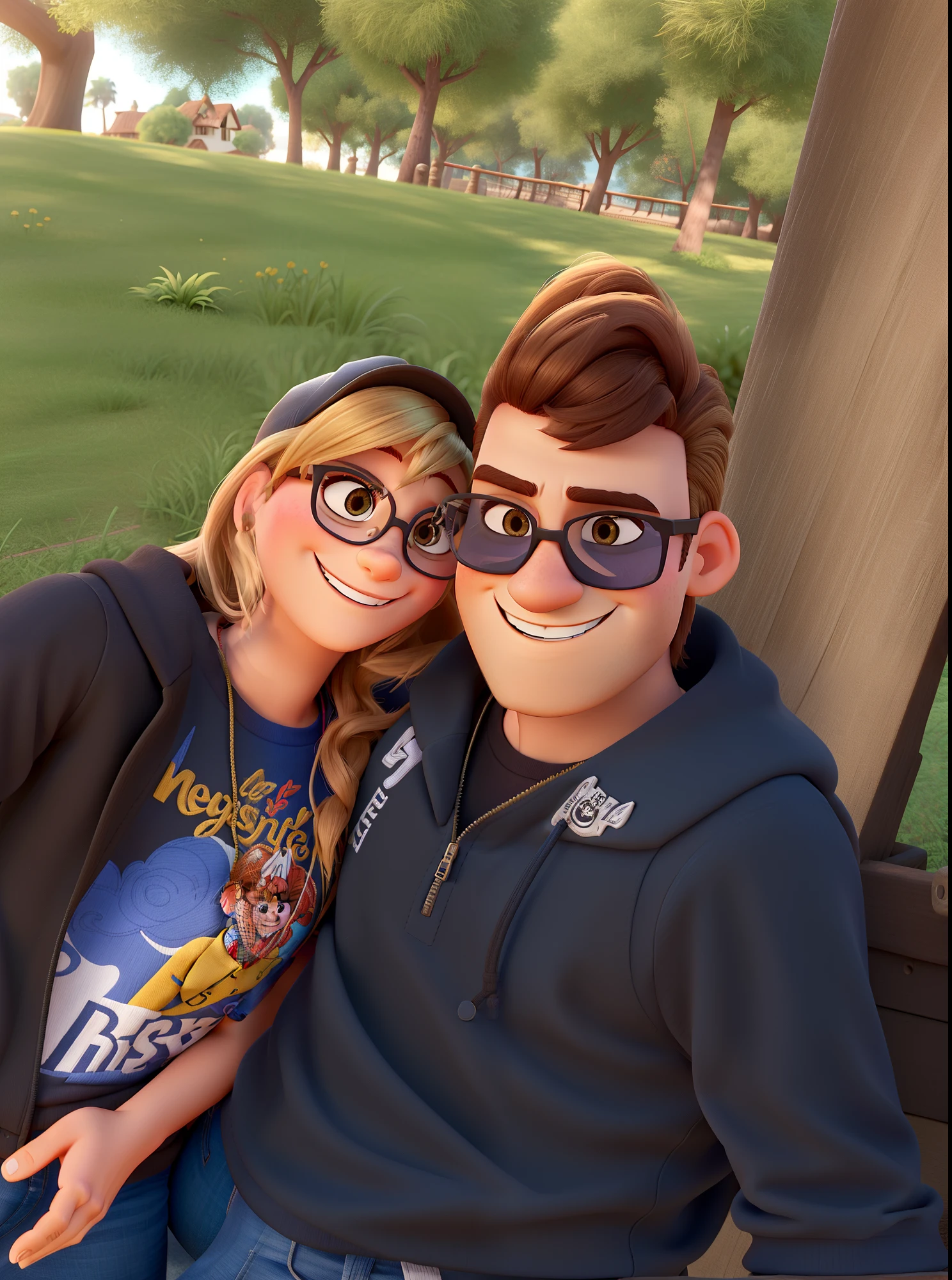 Pareja de hombre y mujer al estilo Disney Pixar, Alta calidad, mejor calidad ,hombre moreno con lentes de sol y gorra,woman brown blonde hair smiling