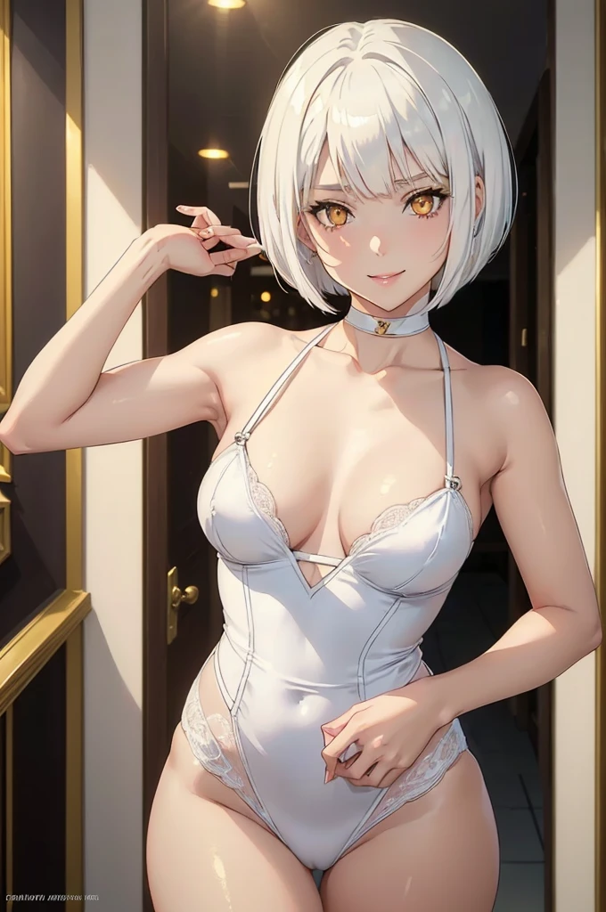 ((sexy girl)), ((young_adult_face)), (glowing golden eyes), anime girl, gradient (white hair), asymmetrical bob haircut, bob haircut, asymmetrical hair, (shiny skin), white_hair, solo, rating:questionable, indoors, ❤ love, beautiful, ((masterpiece)), wearing lingerie, smiling