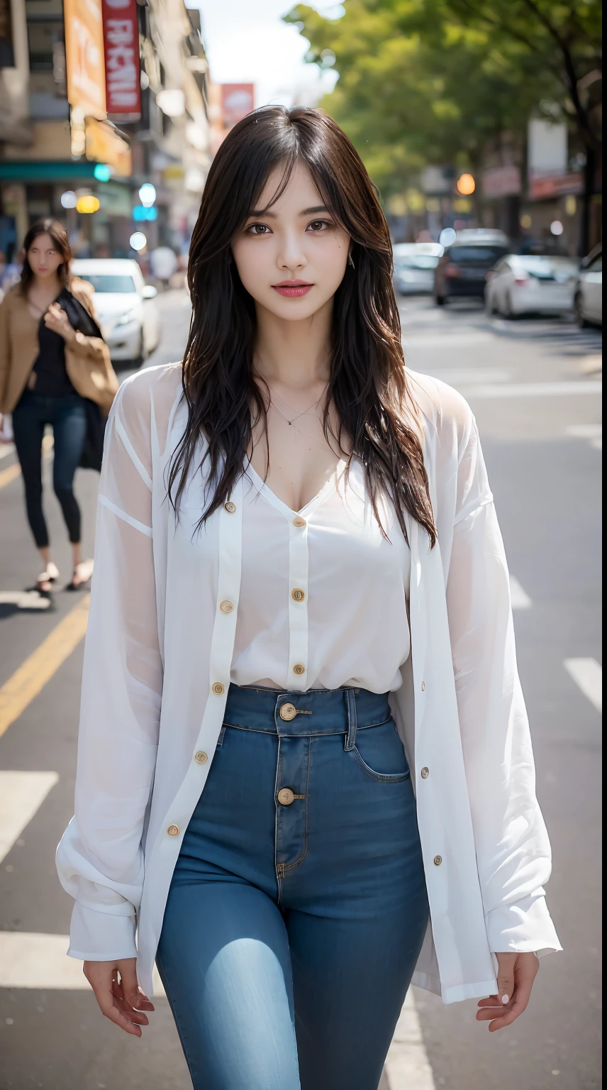 ((Best quality at best, 8K, tmasterpiece:1.3)), Sharp:1.2, Beautiful woman with perfect figure:1.4, Slim abs:1.2, ((Layered Hair Style,Colossal tits:0.5, )), (Long shirt with wet white buttons:1.1),(Sateen,the street:1.2),Soaked pubic hair:0.8,Highly Detailed Face and Skin Textur,full-body view, face to the viewer,We are all good at duplicity,They both hope that the other person will notice.;a lot of time,Silence is easier than explaining sadness;here today, Leaving tomorrow,oda'There's no point worrying about what others think of you,say something to you,Do what you want,Be happy;There are many people to laugh with you,There are too few people who can accompany you。