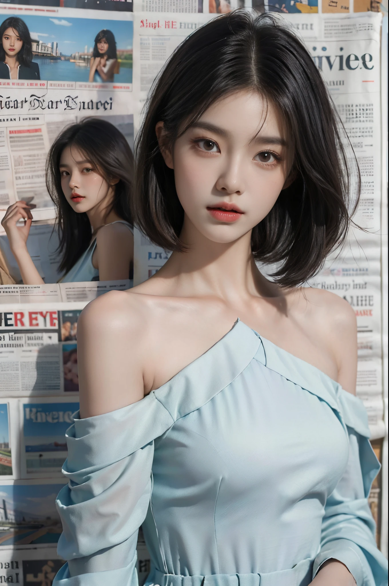 (Masterpiece, Best Quality, High Resolution),(newspapers Background),a Sweet Chinese Girl,((shoulder length bob Hair)),black Hair,straight Hair,small head,small face,clear face,detailed eyes,big watery eyes,detailed face,(dress made of newspapers), Front, Upper Body,small breasts,slim,thin