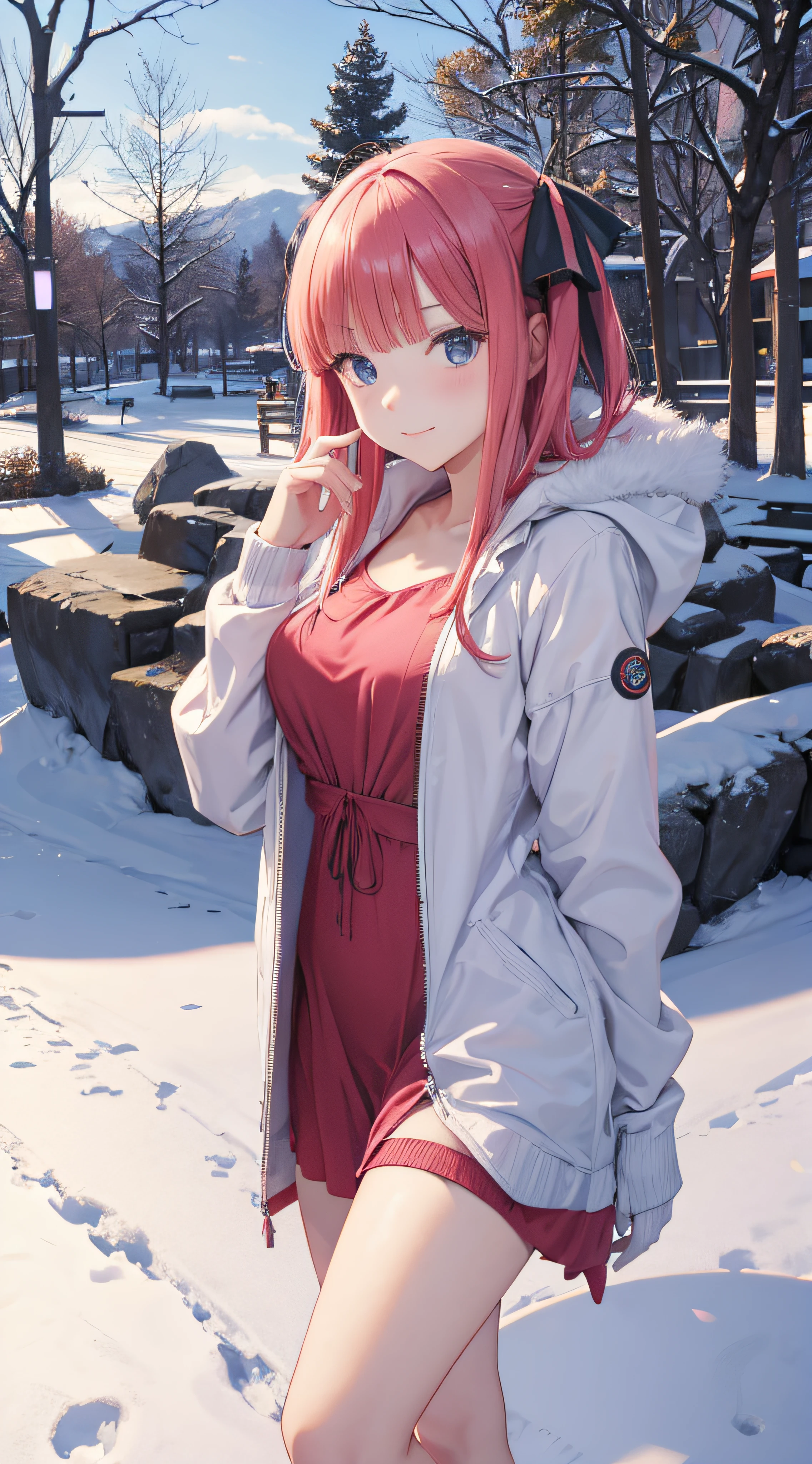 Nino Nakano,Pose sexy,vestido con abrigo,parque nieve