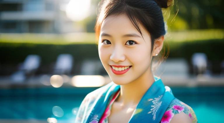 1girl, uninterrupted viewpoint, lens flare, f/1.8, 135mm, Leica, UHD, retina, masterpiece, accurate, anatomically correct, textured skin, super detail, high details, high quality, best quality, highres, 1080P, HD, 4K, 8k, messy bun, swimsuit and sarong、White teeth