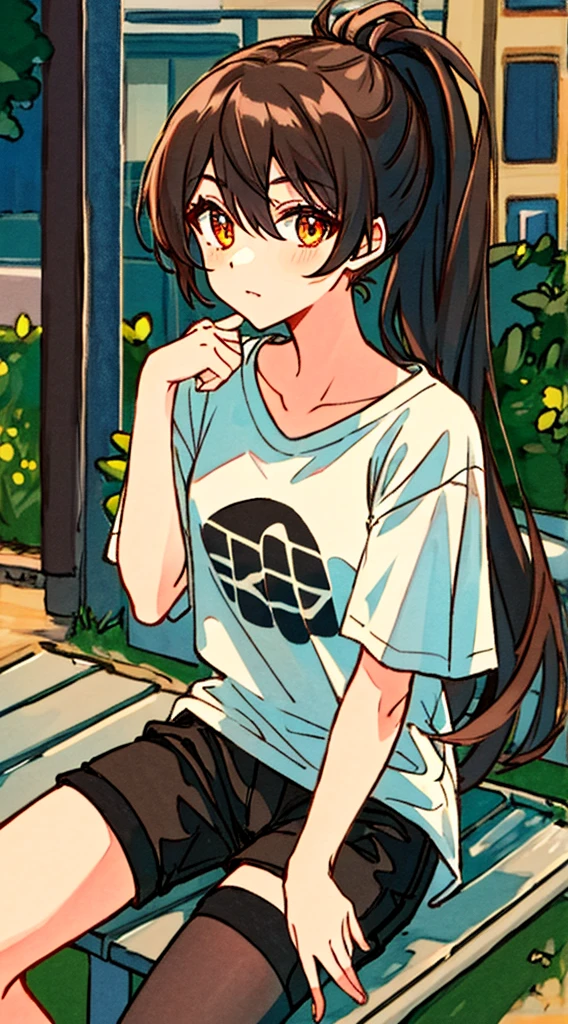 Hori Kyouko, 1 girl, black shorts, black tights, brown hair, white t-shirt, simple t-shirt, hair between eyes, hand up, casual clothing, long hair, looking at viewer, orange eyes, street clothes, t-shirt , sitting, shorts, alone, flirtatious look, thighs, white t-shirt, a young woman with black shorts and black thigh-high stockings, shows her unique style with her brown hair in a ponytail hairstyle. Her flirtatious look adds a touch of sensuality to her expression. He wears a white t-shirt as part of his clothing, with a lock of hair falling between his eyes. Gazing confidently at the viewer, her captivating orange eyes look directly at the viewer, capturing their attention. To complete his outfit, he wears a white t-shirt that is a little big for his size. With her sultry gaze and charming presence, Hori Kyouko stands out in the environment, leaving a lasting, flat-chested, erotically cute impression.
