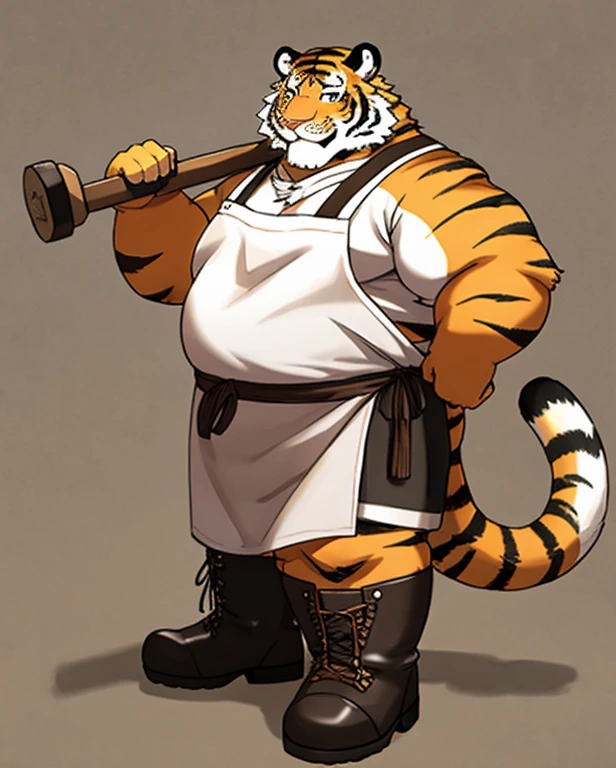 male tiger, obese, wearing brown blacksmith's apron, wearing boots, holding hammer, simple background