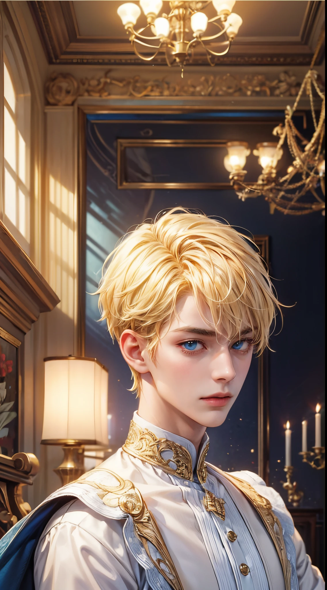 (hight resolution)、​masterpiece、top-quality、One beautiful boy:1.5、Blonde Shorthair:1.5、Cool costumes for male idols、concert、No person、excited and serious expression、Looking at Viewer、Symmetrical eyes