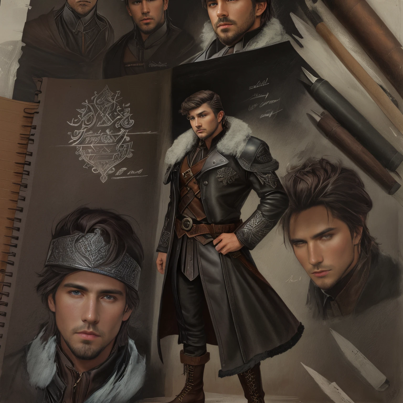 A young charming man , bits of color, Sketch book, hand drawn, dark, gritty, realistic sketch, Rough sketch, mix of bold dark lines and loose lines, bold lines, on paper, turnaround character sheet, Full body, ice symbols, runes, dark theme, flowing dark hair , beautiful, handsome, padded leather clothing embroidered with runes, modest, leather rune embroidered boots