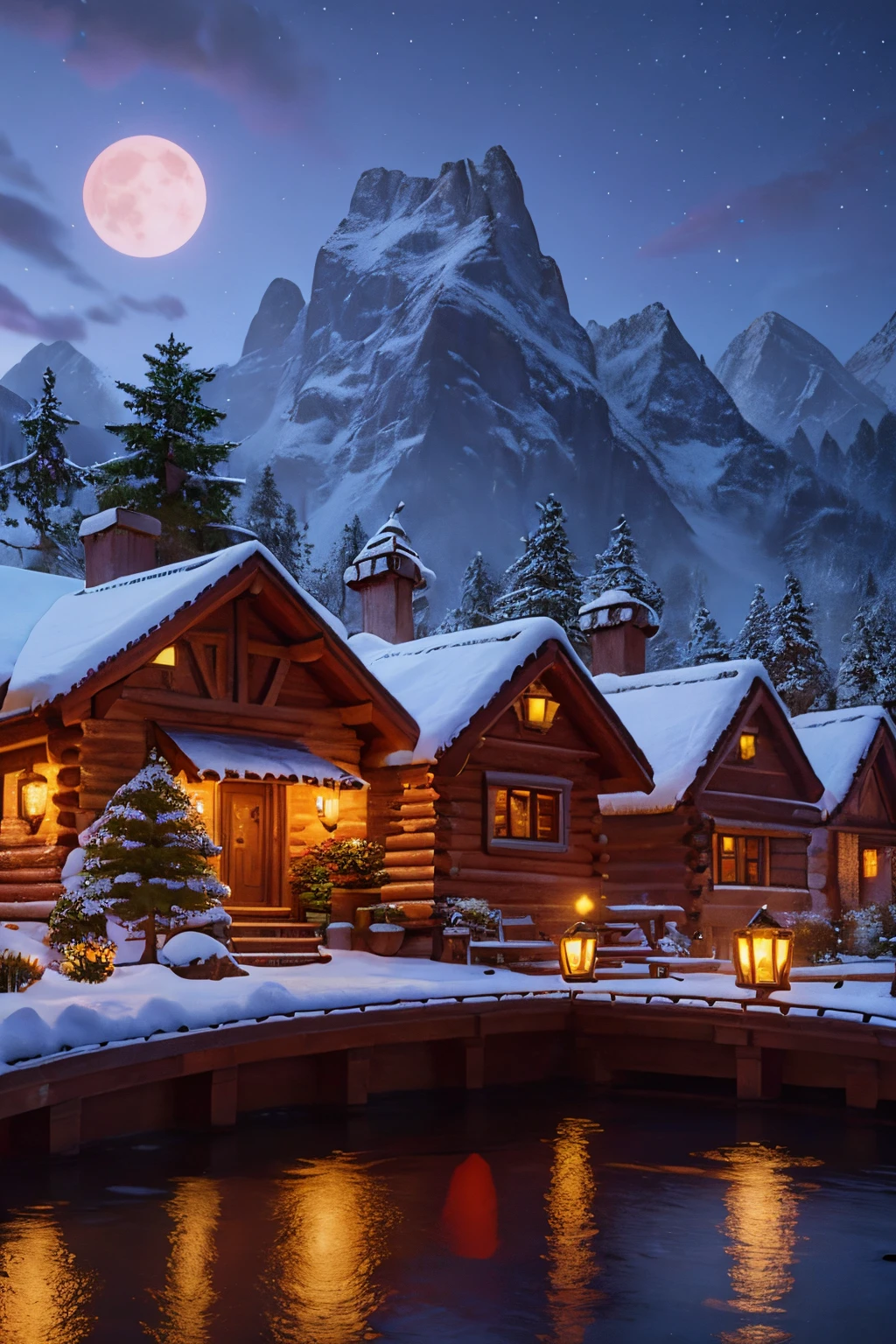 Charming fairy tale village, snow-covered decorated christmas trees, warm inviting cabin, ultra sharp digital oil painting, snowflakes, mountains, soft light far-away full moon, glitter, stars, stardust, hyper realistic, well rendered, detailed, vibrant, electric blue and purple sky in style of thomas kinkade, ultra hd, realistic, vivid colors, highly detailed, UHD drawing, pen and ink, perfect composition, beautiful detailed intricate insanely detailed octane render trending on artstation, 8k artistic photography, photorealistic concept art, soft natural volumetric cinematic perfect light