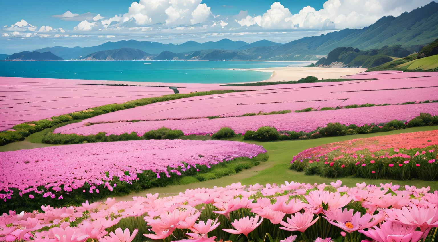 Close-up of a flower field near a body of water, surreal waiizi flowers, There is a sea of flowers everywhere, with flower fields as foreground, ross tran. scenery background, lindo cenario, Field of pink flowers, Landscape wallpaper, beautiful wallpaper, beatiful background, Raz and Thomas Kincaid, lindo cenario, The most beautiful scenery, lindo cenario