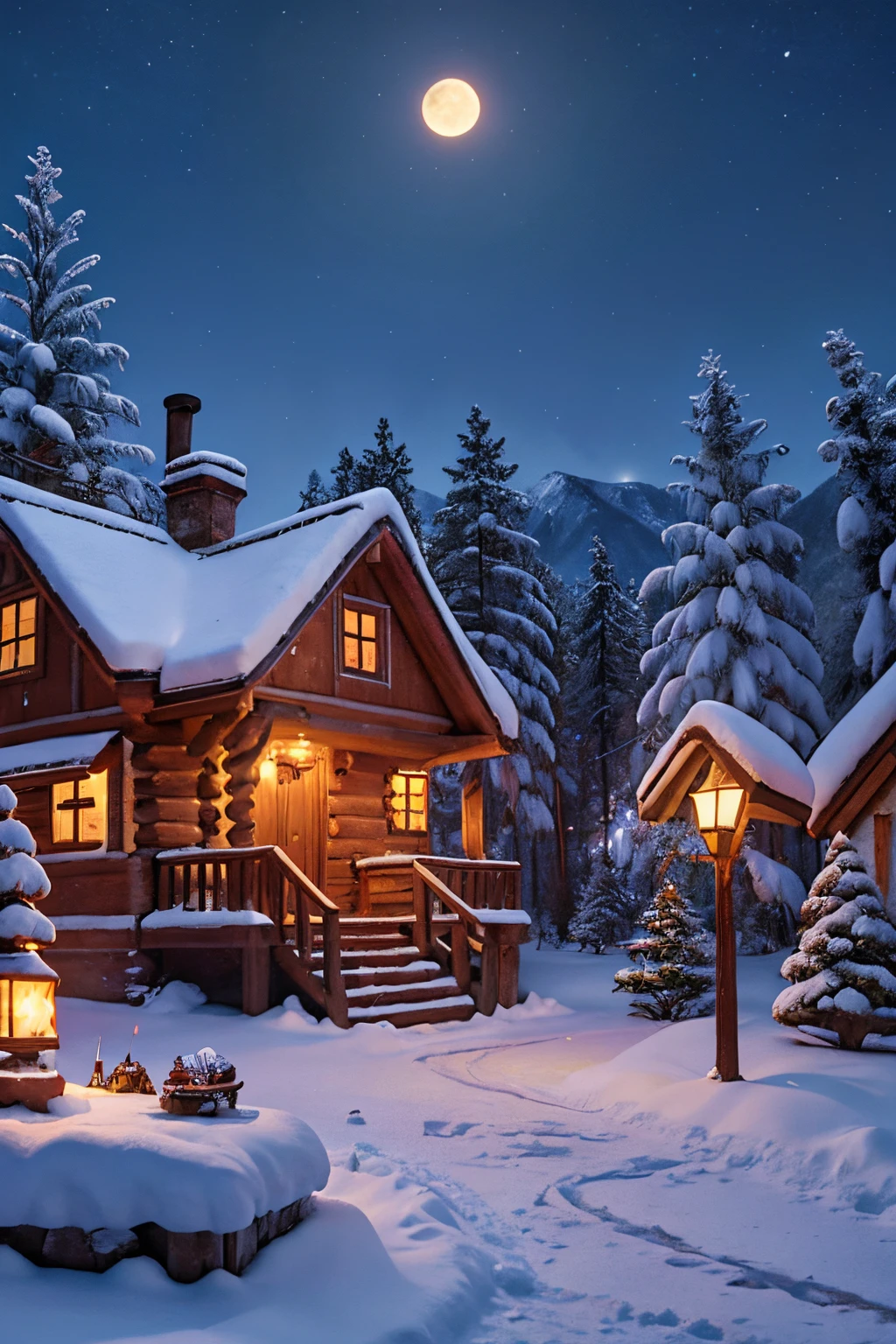 Charming fairy tale village, snow-covered decorated christmas trees, warm inviting cabin, ultra sharp digital oil painting, snowflakes, mountains, soft light far-away full moon, glitter, stars, stardust, hyper realistic, well rendered, detailed, vibrant, electric blue and purple sky in style of thomas kinkade, ultra hd, realistic, vivid colors, highly detailed, UHD drawing, pen and ink, perfect composition, beautiful detailed intricate insanely detailed octane render trending on artstation, 8k artistic photography, photorealistic concept art, soft natural volumetric cinematic perfect light