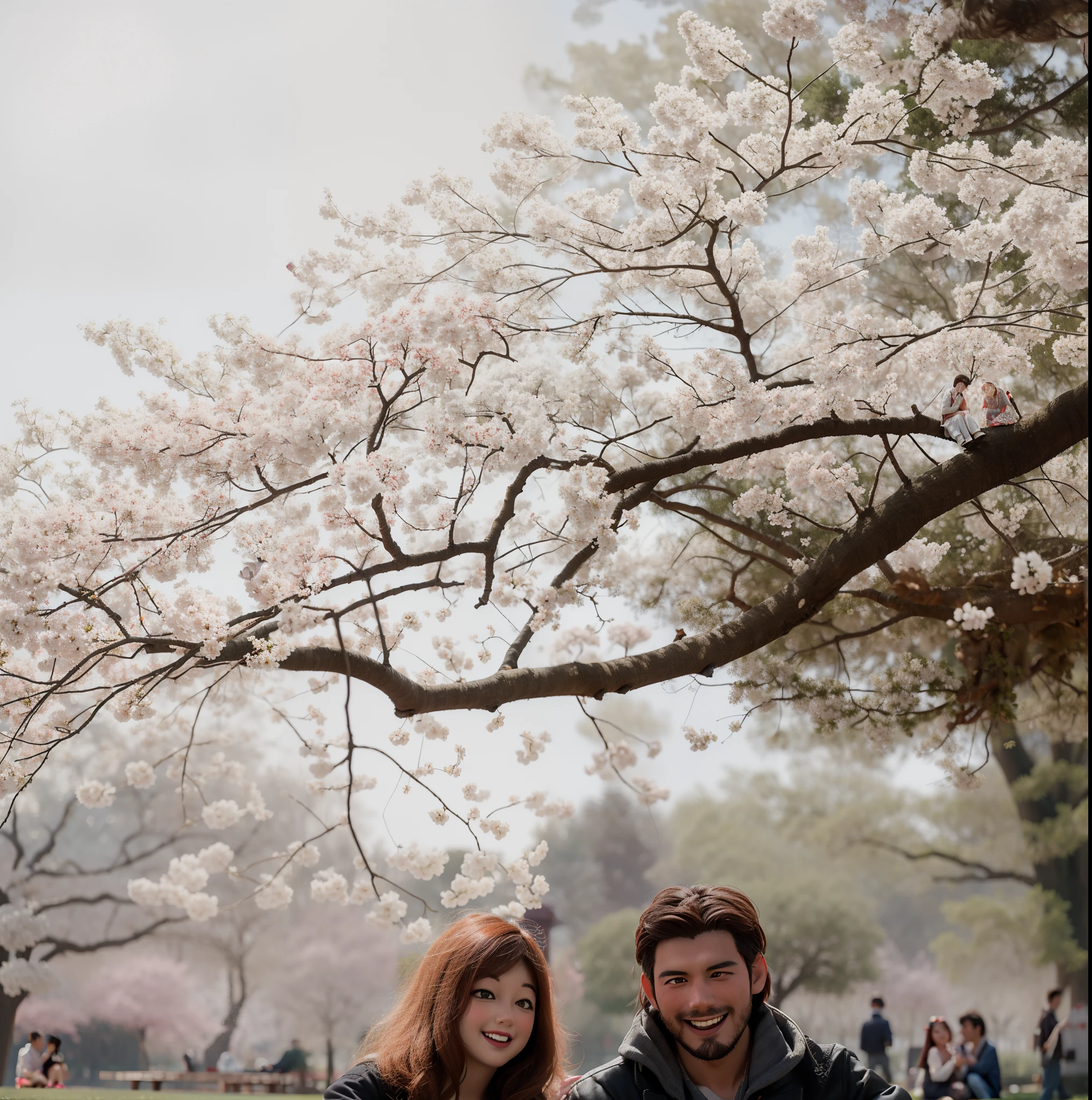 there is a man and woman sitting under a tree in a park, under sakura tree, sitting under a tree, ayami kojima and greg rutkowski, couples portrait, couple portrait, sakura season, happy couple, sakura tree in background, medium portrait, sitting in tokyo, lovely couple, park in background, 50mm portrait, with a park in the background