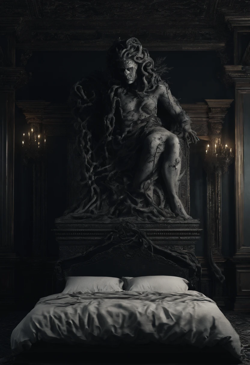 3d render, (masterpiece:1. 3), (8k, photorealistic, RAW photo, best quality: 1. 4), Closeup of Shadow dark silhouette of a giant huge oversized scary angry Medusa terminate, a girl sleeping in a bed in a bedroom, rococo style, candlelight