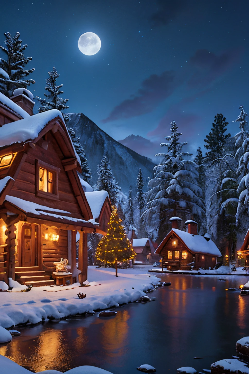 Charming fairy tale village, snow-covered decorated christmas trees, warm inviting cabin, ultra sharp digital oil painting, snowflakes, mountains, soft light far-away full moon, glitter, stars, stardust, hyper realistic, well rendered, detailed, vibrant, electric blue and purple sky in style of thomas kinkade, ultra hd, realistic, vivid colors, highly detailed, UHD drawing, pen and ink, perfect composition, beautiful detailed intricate insanely detailed octane render trending on artstation, 8k artistic photography, photorealistic concept art, soft natural volumetric cinematic perfect light