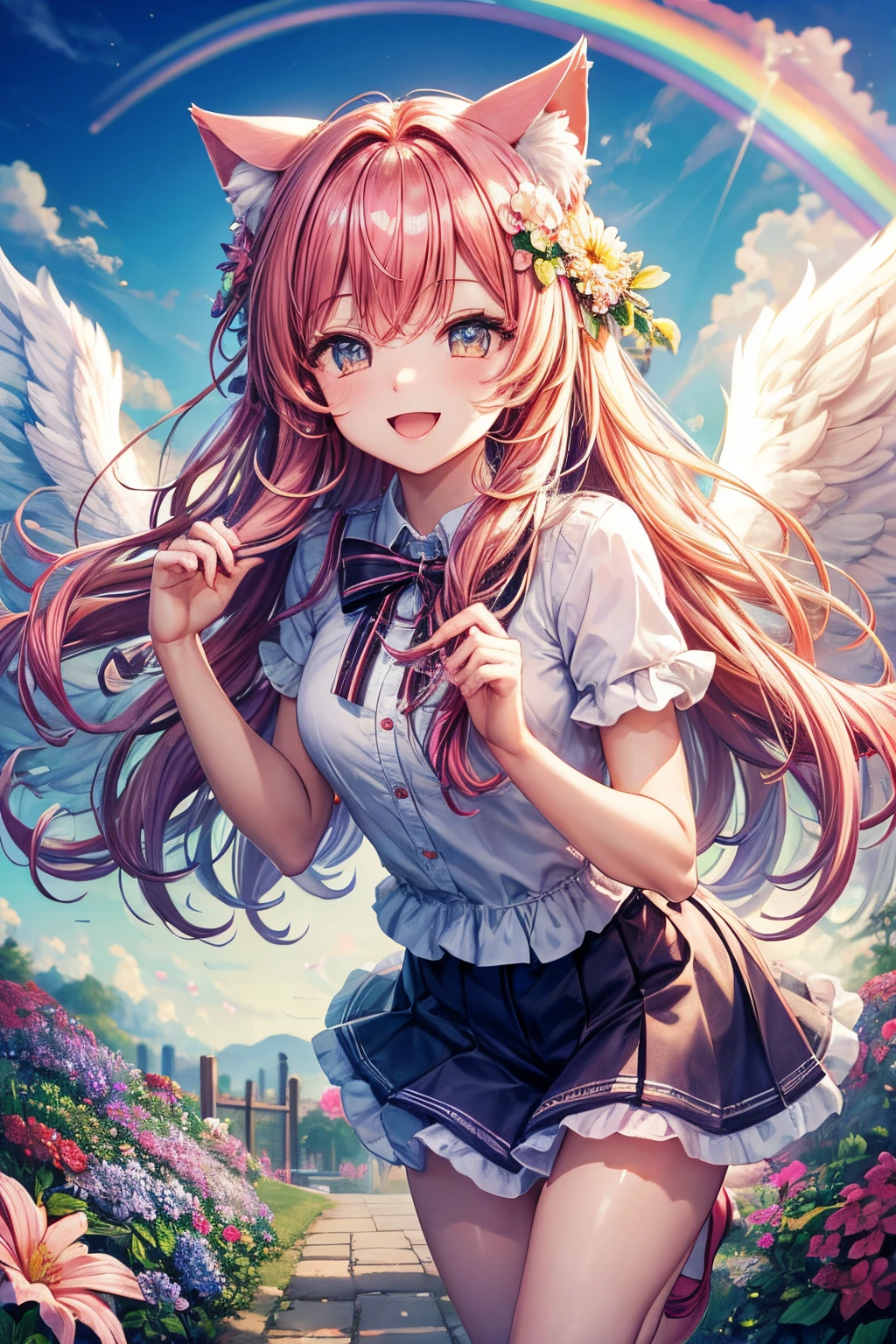 Top quality, high resolution, perfect human body structure, background focus, front view, rainbow hair, shiny hair, cat ears, flower garden in background, fun, jumping, heart shaped pupils , wavy hair, shiny hair, smiling, angel, angel wings, beautiful,