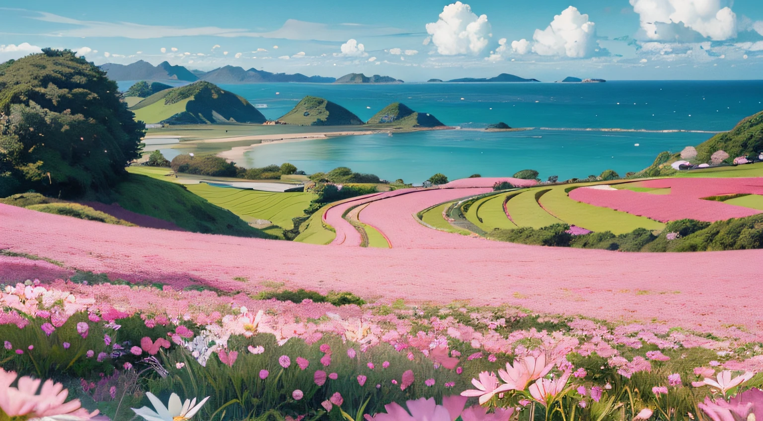 Close-up of flower field near body of water, surreal waiizi flowers, There is a sea of flowers everywhere, with flower fields as foreground, ross tran. scenery background, lindo cenario, Field of pink flowers, scenery wallpaper, beautiful wallpaper, beatiful background, Raz and Thomas Kincaid, lindo cenario, the most beautiful landscape, lindo cenario