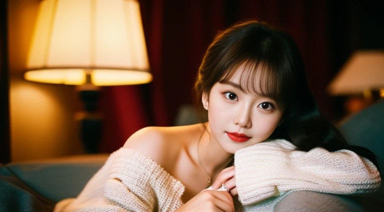 best quality ,masterpiece,ultra high res,(photo realistic:1.4), 1 girl, looking at viewer, Wearing oversized off-shoulder knit over lingerie, korean famous actress, very beautiful,kawaii, Cinematic, 35mm lens, f/ 1. 8, accent lighting, 8k, at luxury hotel