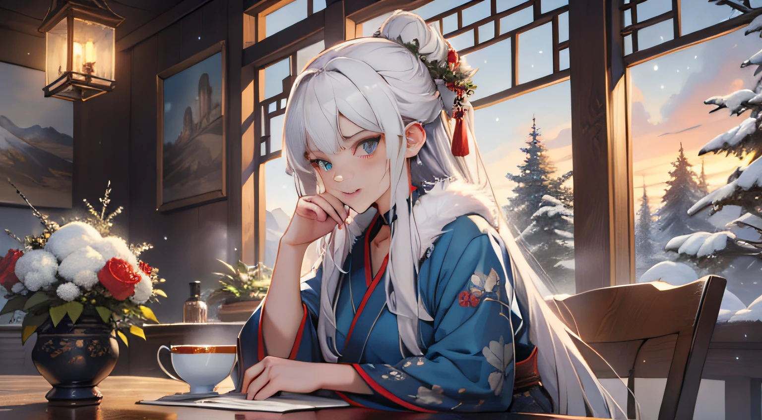 One wearing blue clothes，long, Flowing white hair、Alpha image of a woman with beautiful hairstyle，palaces，A girl in Hanfu，Very popular on cgstation，Guviz-style artwork，Guwitz，Inspired by Du Qiong，Inspired by Ma Yuanyu，8K）），Cold winter，winter solstice，Wear thick clothing，There is a fur collar，nevando，Winter view，beautiful snowy landscape，indoor table