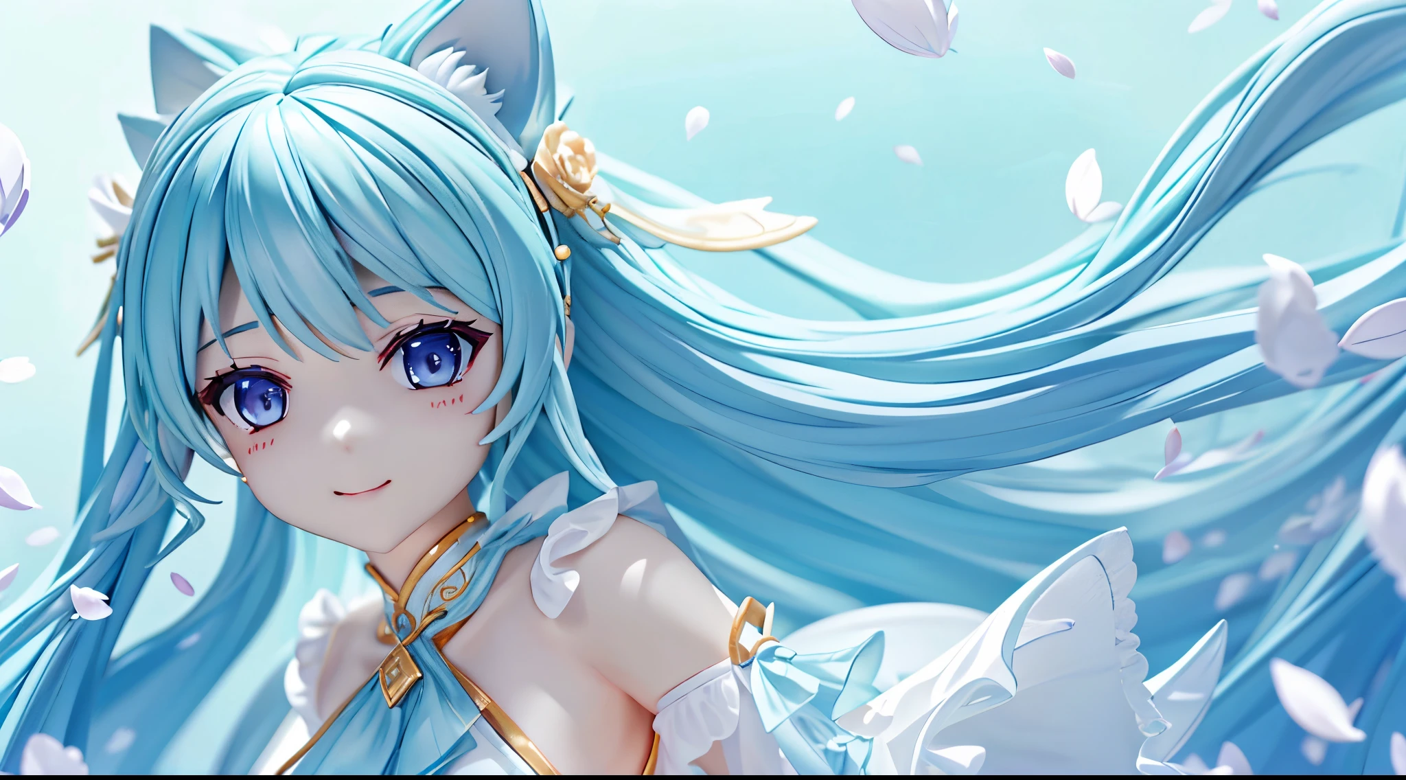 one girls、Beautiful and delicate girl、fantasy wind、a smile、perfect detail、full bodyesbian、From above、bottom less、tilt of the head、Many details、Perfect female body、a beautiful detailed girl、年轻、long hair floating everywhere、Flowing hair、air bangs、hair over shoulder、Hair intake、Ultramarine hair、striated hair、long floating hair、extremely detailed cute anime face、 xd、beautiful detailed deep eyes、cat ear、lightning flash from hand、large full breasts、bare navel、The skirt is flipped up、Lavender eyes、Authentic skin texture、highly detailed lace、Weapons in hand、short dress、no-bra、High-low skirt、Leg Ribbon、colourful clothes、Floating Palace、fullmoon、falling petals、glass tint、intricate detailes、the Extremely Detailed CG Unity 8K Wallpapers、 ultra-detailliert、top-quality、