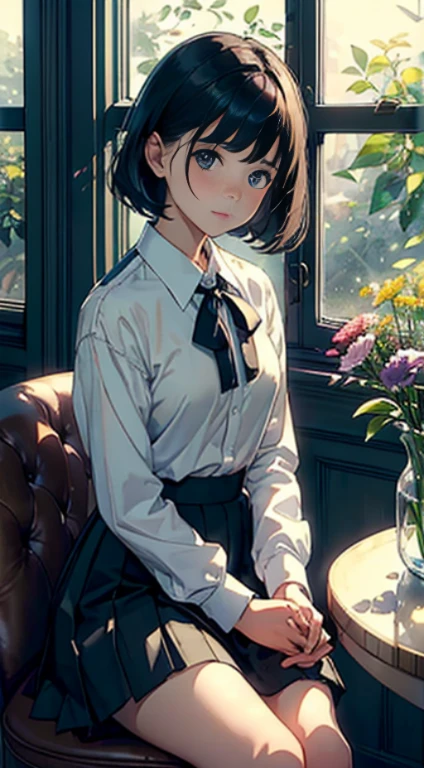 (Watercolor in Sargent style)、(top-quality、high-level image quality、masterpiece)、(David Hamilton Style)、(softfocus)、Cinema Angle、ciinematic light、Soft light、(British traditional public school)、1girl in、17 age、A stunning、Short black hair、Crisp face、(detailed face depiction)、small tits、tiny chest、(classic uniform)、((long skirt))、(atlibrary)、(bookshelf)、window、Side table、Flowers on the windowsill、Botanical Garden、Flower Shop、The table、florals、houseplant、 The tree,