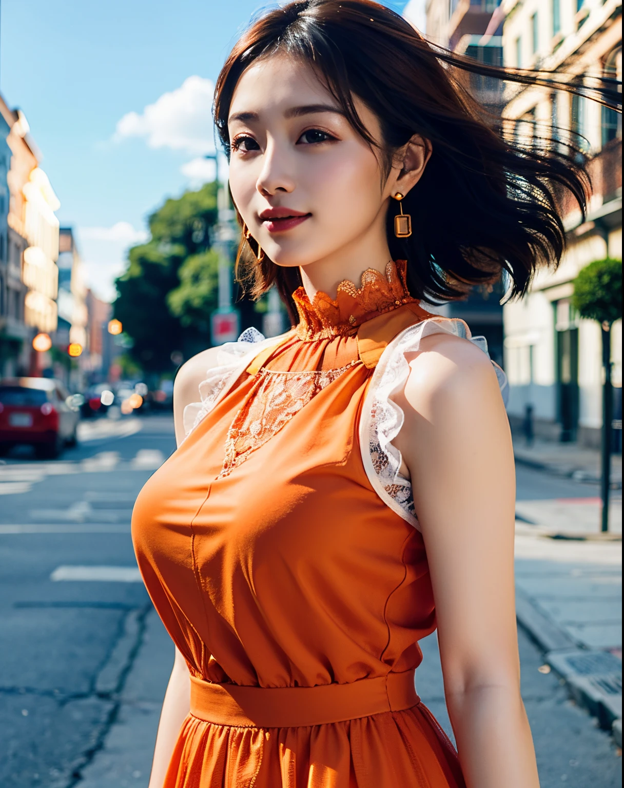 a woman posing on the street corner with light orange dress on, best quality, high res, 8k, 1girl, (huge breasts), day, bright, outdoor, (street:0.8), (people, crowds:1), (lace-trimmed dress:1.5, light orange clothes:1.5, orange high-neck dress:1.5, sleeveless dress, orange dress: 1.5), gorgeous, (medium hair), beautiful detailed sky, beautiful earrings, (dynamic pose:0.8), (upper body:1.2), soft lighting, wind, shiny skin, looking at viewer,