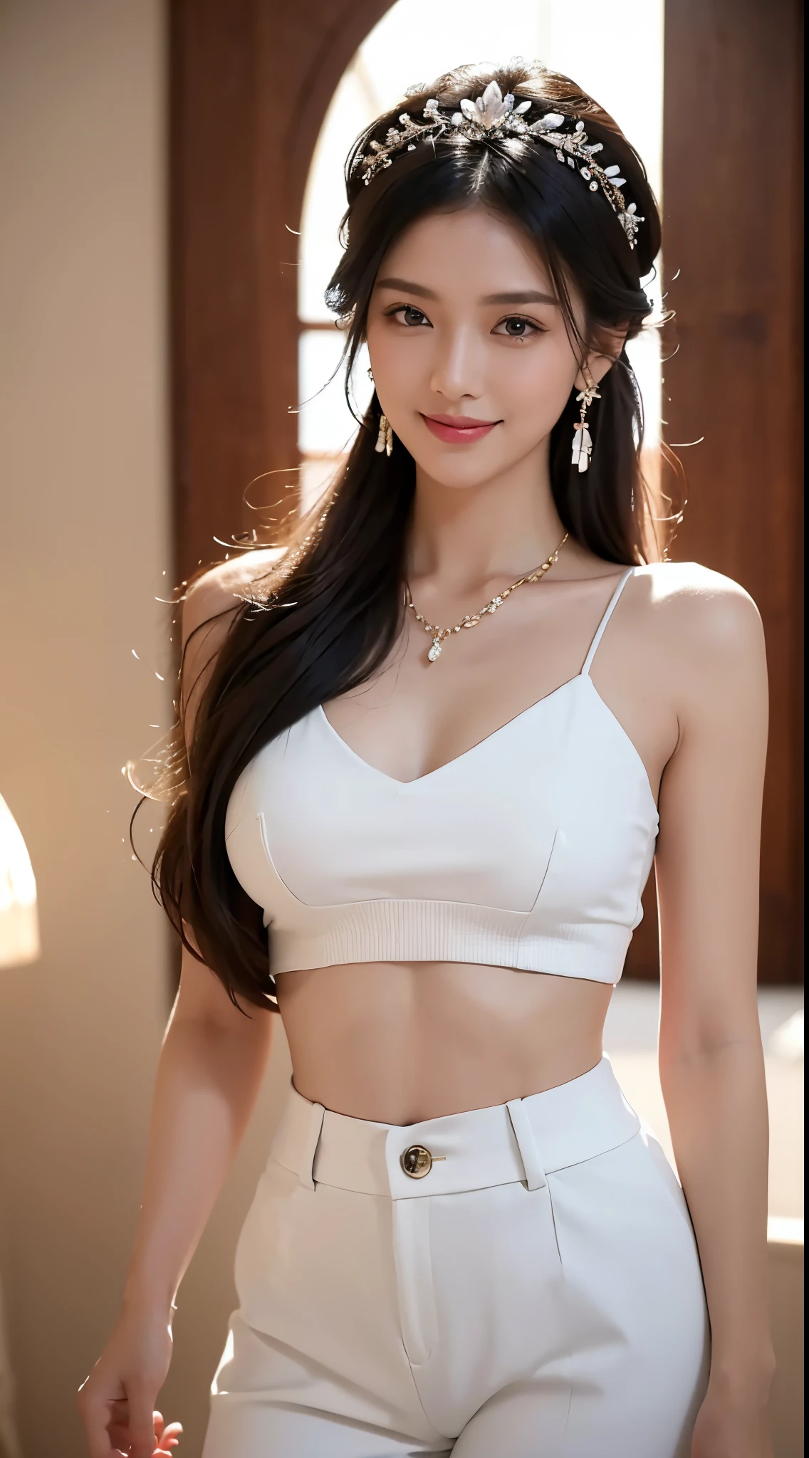 A young woman at the age of 25, adorned with long flowing locks: 1.2, is elegantly dressed in a professional skirt, 1.2, that accentuates her figure in the bright daylight: 1.2. Her squared jawline and expressive features are illuminated by cinematic lighting, adding a surrealistic touch to the UHD image. With every detail curated to perfection, the textured skin on her face and body is captured in stunning high definition, showcasing the best quality, 8k rendering. The exquisitely detailed image leaves no stone unturned, allowing viewers to fully appreciate the woman's beauty.
