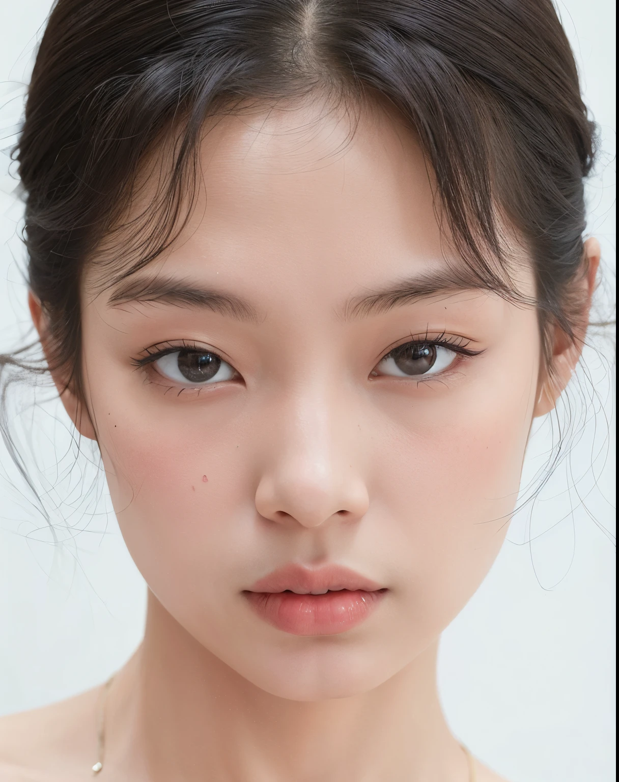 Asian girl with long hair straight hair and bright eyes in a white corset