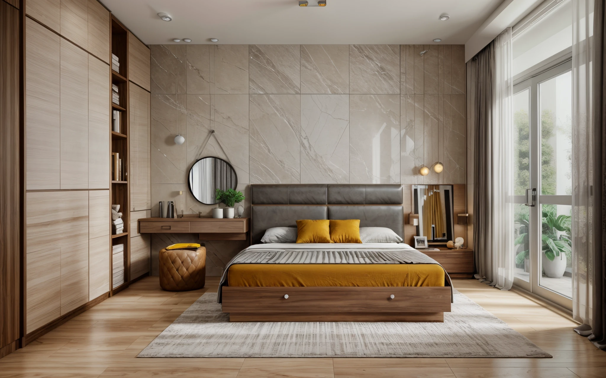 RAW photo,Masterpiece, high quality, best quality, authentic, super detail, interior, archminimalist, couch, table, rug, tv sheft, windows, curtains, daylight, archdaily architecture, (high detailed :1.2), 8k uhd, dslr, soft lighting, high quality, film grain, Fujifilm XT3, modern bedroom design, flat plaster ceiling, mable stone floor, orange leather bed, 1 drawer, 1 dressing table, wall behind the bed decorated with stone tiles combined with walnut wood paneling and metal thread yellow, white and gray double-layer curtains