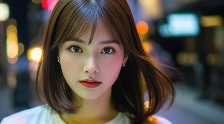 (Best quality, High resolution, Masterpiece :1.3), A pretty woman, Slender figure, Dark brown hair, T-shirt, (Street in city at night), Highly detailed face and skin texture, Detailed eyes, Double eyelid