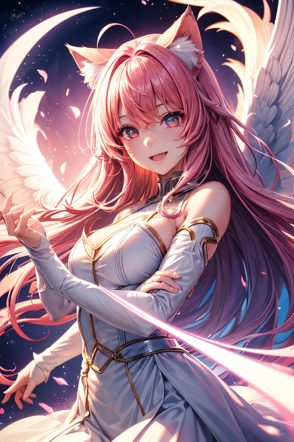 Top quality, high resolution, perfect human structure, figure focus, front view, glowing hair, glowing eyes, cat ears, pink hair, angel wings, angel, bright, clothes, overall angle, happy smiling gradient eyes, swept bangs,