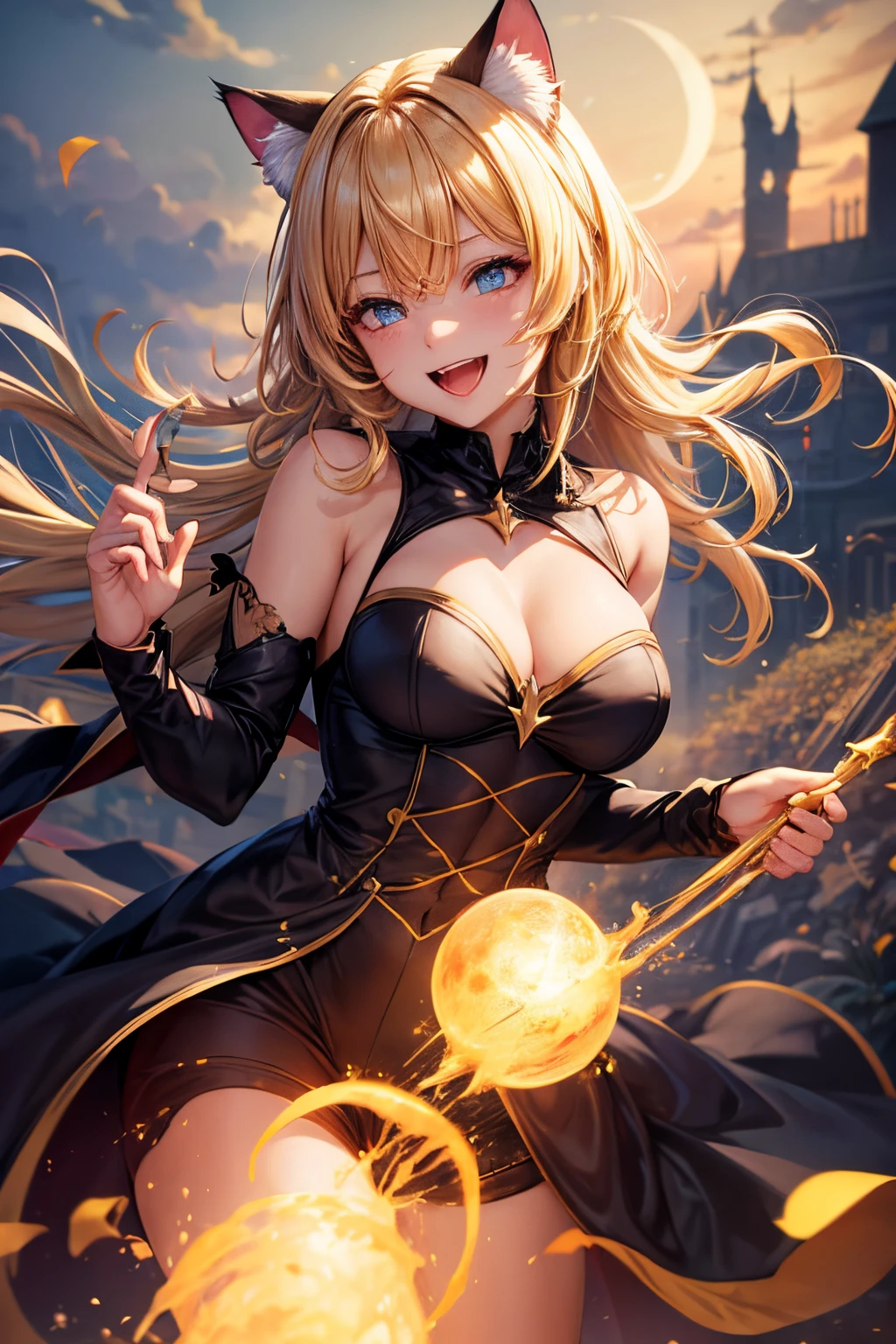 Top quality, high resolution, perfect human structure, background focus, front view, glowing hair, cat ears, blonde hair, short cut, devil costume, witch, dark, joyful laugh, gradient eyes, swept bangs,