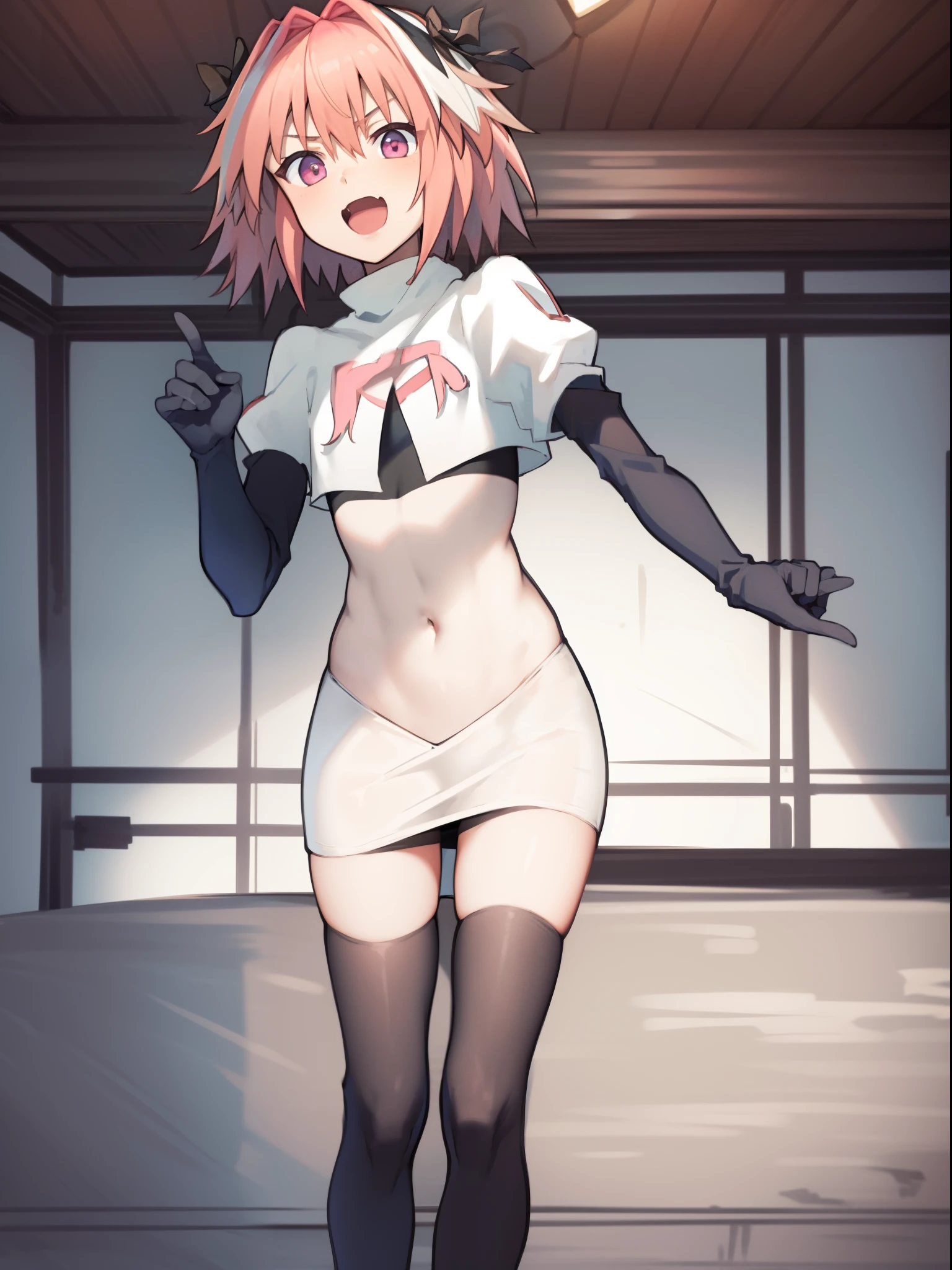 (extremely detailed CG), (best quality), perfect face, shiny skin, lustrous skin, 1girl,solo   narrow waist,  wide hips, mollie, pink hair, bangs, blunt bangs, earrings, jewelry, blue eyes, short hair, piercing,ear piercing, hairband, lewd bikini, thigh-highs,black elbow gloves, upskirt, no underwear, pussy, nsfw, slut, squatting, open legs, sexy pose, looking at viewer, mouth open, tongue 