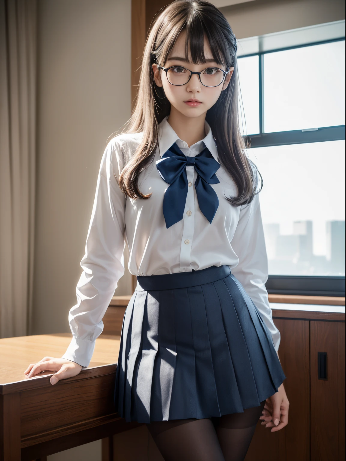 (Underwear is visible)、((Narrow-eyed))、((Narrow-eyed))、((Narrow-eyed))、(8K、Raw photography、top-quality、masterpiece:1.2),、Has a small、(flat breast)、(flat breast)、(flat breast)、(flat breast)、(flat breast)、(being thin)、light skinned、skin whitening、Dark look、Rasping,glamor,Chromo-white skin,cocky,School,watching at viewers,Looking at the front,Muchimuchi,High-pitched clothing,Erotic,Pupils,de pele branca,kne,((Black pantyhose)),absurderes,a small face,,Forehead visible,Bangs hanging from the left and right sides of the forehead,(a cold expression,Tight eyes,glares,Bullish,irate)、masterpiece,top-quality、超A high resolution,Raw photo,ren,Beautiful fece,One Person, 独奏,eye glass,,Dark look,Small breasts,fullllbody,Round glasses,JK school uniform,hi-school girl,A Japanese Lady,is standing,(Photorealsitic:1.37)、Photon mapping,Realistic、Beautie,Cute little face,Brown-eyed、Black socks、(Red bow tie)、Radio City、Physically Based Rendering、depth of fields、Blurry background、a picture,Body,beauty legs, Long legs, Thin leg,(Bangs are visible), hair, s lips, Blue_The eye, nosesoft,(Light blue shirt), (Navy and blue and white plaid pleated skirt), Knees are visible,Sheer clothing,, Thigh, Black cotton socks,Nogizaka Idol, 女優, Japanese ido