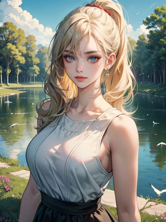 mature woman, medium breasts, pale blonde hair with bangs, wavy hair tied into a high ponytail, sharp green eyes, red lips color, smoky eye make up, smirking at viewer, naughty face, Surrealism, anime style, depth of field, 8k, super detail, high details, Cinematic lighting, night time, shadow over face, Close-up, camera from the bottom up, hyper HD, Masterpiece, High details, detailed light, detailed shadow, detailed background. wearing yoga outfit, background: park, trees, grass, blue sky, clouds, birds, flowers, pond