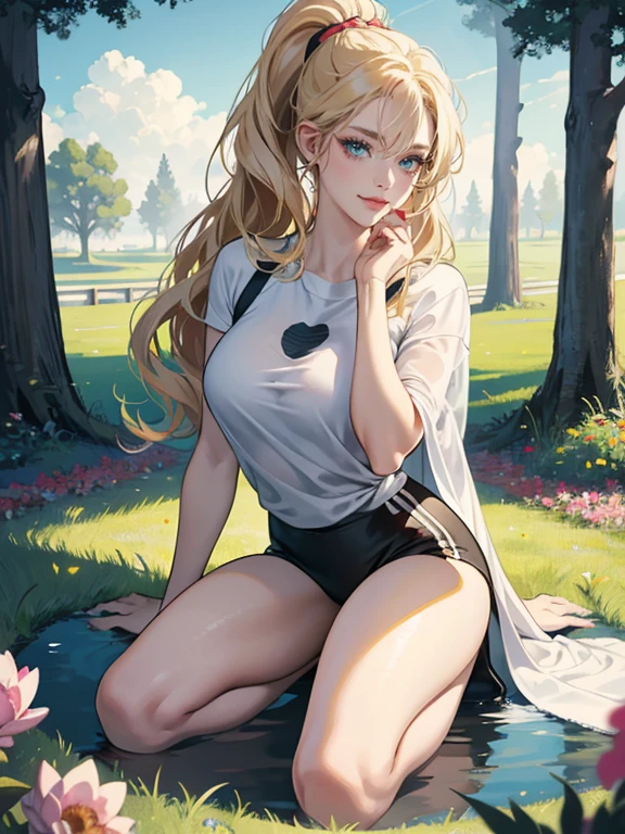 mature woman, medium breasts, pale blonde hair with bangs, wavy hair tied into a high ponytail, sharp green eyes, red lips color, smoky eye make up, smirking at viewer, naughty face, Surrealism, anime style, depth of field, 8k, super detail, high details, Cinematic lighting, night time, shadow over face, Close-up, camera from the bottom up, hyper HD, Masterpiece, High details, detailed light, detailed shadow, detailed background. wearing yoga outfit, full body image, sexy pose, background: park, trees, grass, blue sky, clouds, birds, flowers, pond