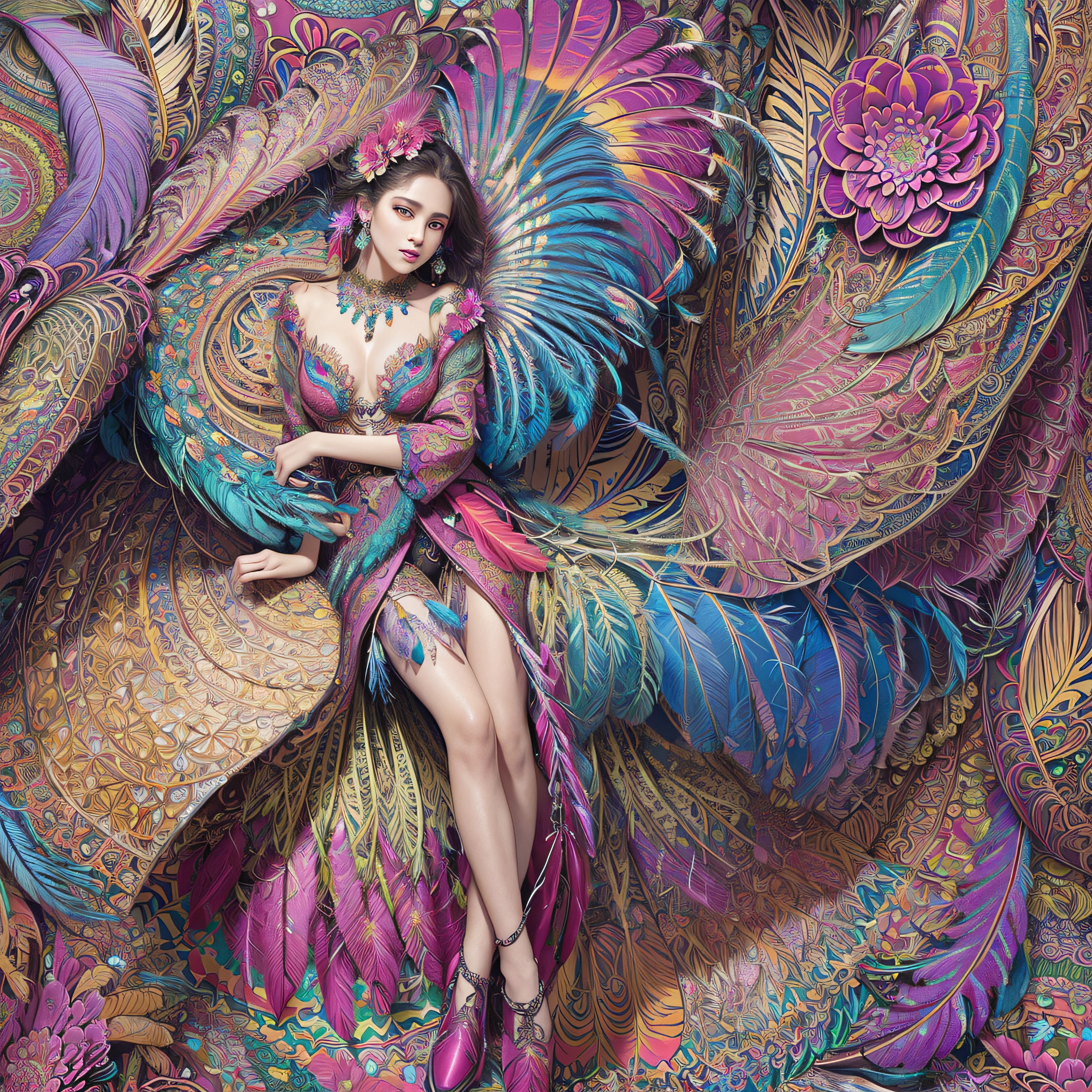 (masterpiece, top quality, best quality, official art, beautiful and aesthetic:1.2), (1girl:1.3), extremely detailed,(fractal art:1.1),(colorful:1.1)(flowers:1.3),highest detailed,(zentangle:1.2), full body, (abstract background:1.3), (shiny skin), (many colors:1.4), ,(earrings), (feathers:1.5),
