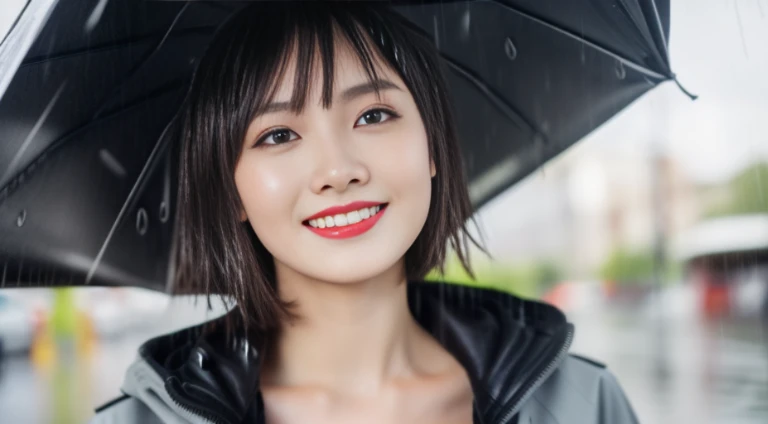((Best Quality, 8K, Masterpiece:1.3)), Focus: 1.2, Perfect Body Beauty: 1.4, Buttocks: 1.2, ((Layered Haircut, Breasts: 1.2)), (Wet Clothes: 1.1), (Rain, Street:1.3), Bandeau Dress: 1.1, Highly Detailed Face and Skin Texture, Fine Eyes, Double Eyelids, Whitening Skin, Long Hair, (Shut Up: 1.3), Smile