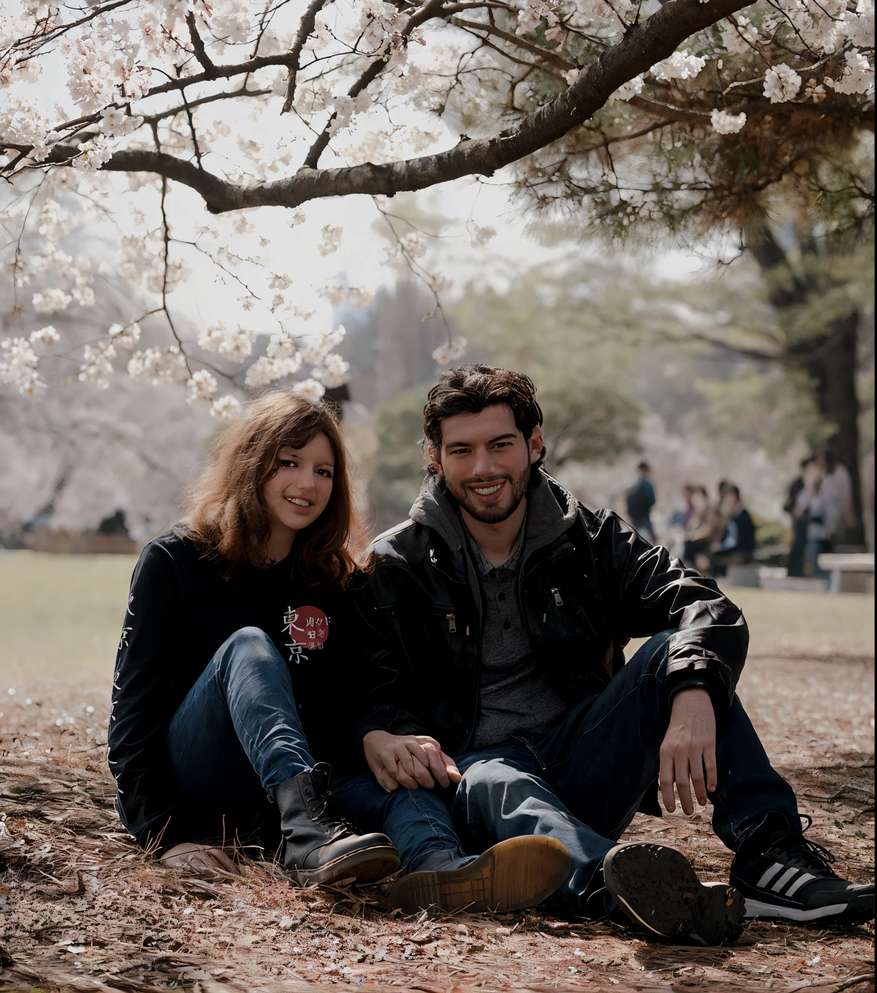 there is a man and woman sitting under a tree in a park, under sakura tree, ayami kojima and greg rutkowski, sitting under a tree, couples portrait, park in background, sitting in tokyo, couple portrait, happy couple, medium portrait, with a park in the background, high quality portrait, in the park, in a park, 7 0 mm portrait