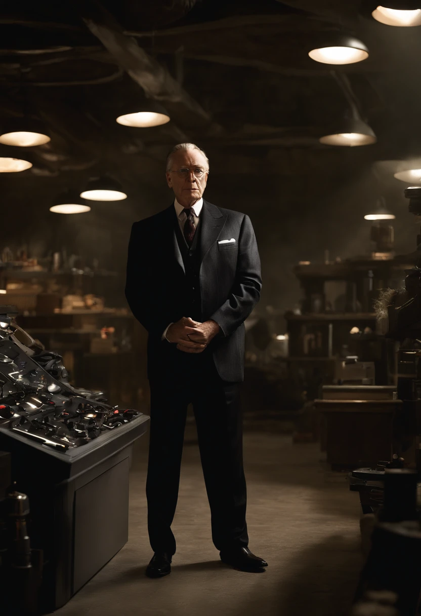 An image of Alfred standing in the Batcave, holding a set of new gadgets.,Batman,Alfred is 60 years old man, very fit, trimmed hair, wearing suit and bow tie and dress shoes. He’s always shaved with salt pepper hair