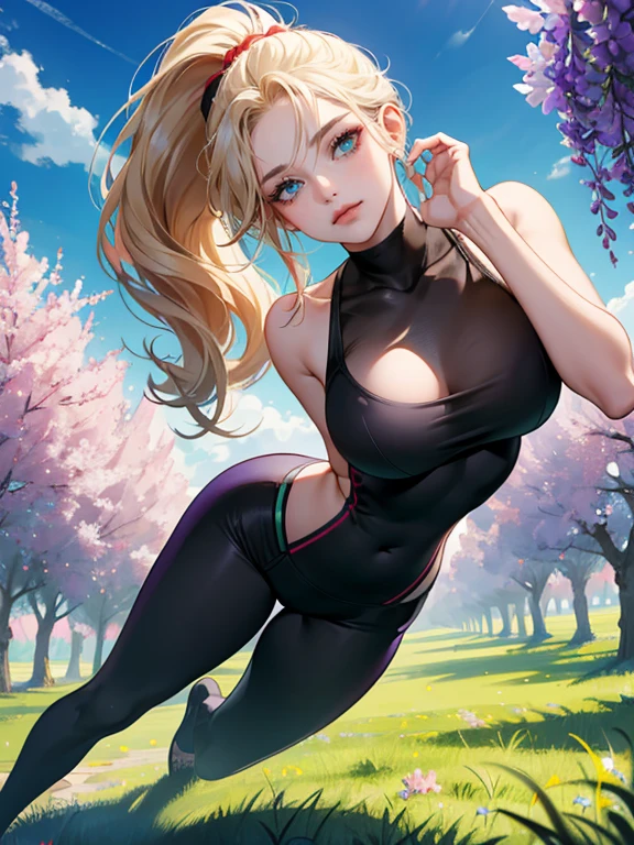 mature woman, medium breasts, pale blonde hair with bangs, wavy hair tied into a high ponytail, sharp green eyes, red lips color, smoky eye make up, smirking at viewer, naughty face, Surrealism, anime style, depth of field, 8k, super detail, high details, Cinematic lighting, night time, shadow over face, Close-up, camera from the bottom up, hyper HD, Masterpiece, High details, detailed light, detailed shadow, detailed background. wearing yoga outfit, full body image, sexy pose, background: park, trees, grass, blue sky, clouds, birds, flowers, wisteria flowers