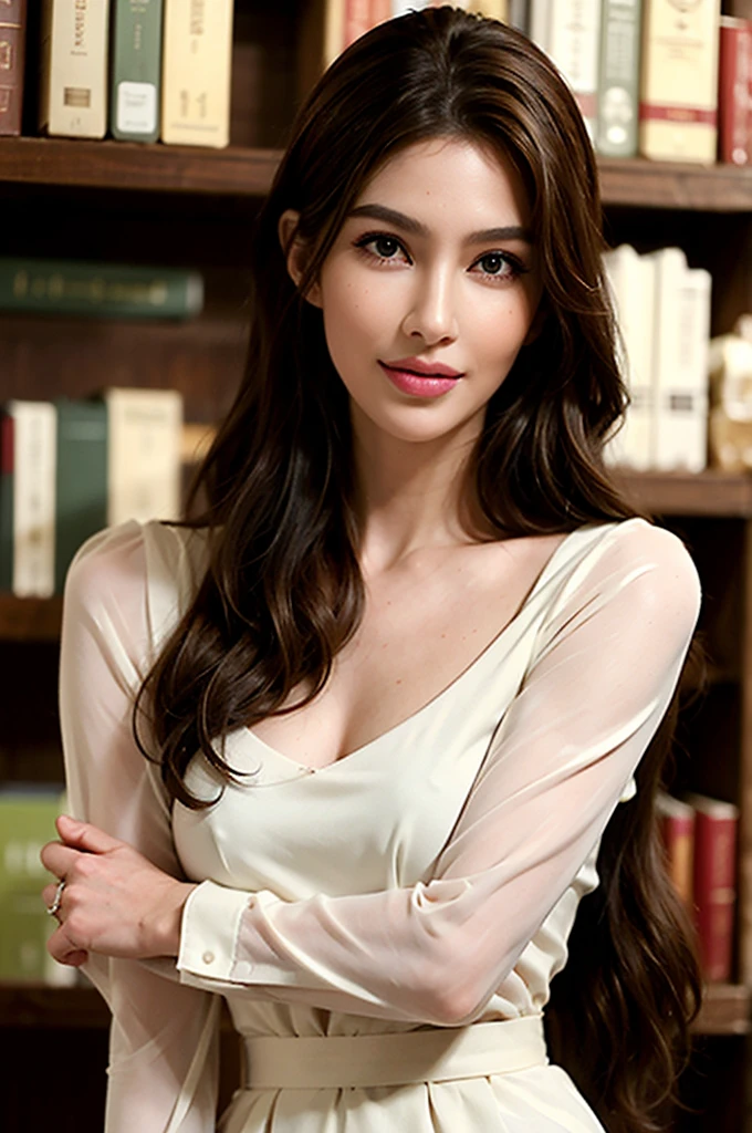 Photoreal of a supermodels with full detailed eyes, white shirt in Harvard Library, long wavy hair:1.2, slender body. Gorgeous Super model in her 25's with full eyes, perfect face, brown detailed hair, with detailed face and detailed body, detailed skin, pores, cinematic, Octane rendering, Japanese pop