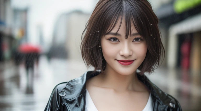 ((Best Quality, 8K, Masterpiece:1.3)), Focus: 1.2, Perfect Body Beauty: 1.4, Buttocks: 1.2, ((Layered Haircut, Breasts: 1.2)), (Wet Clothes: 1.1), (Rain, Street:1.3), Bandeau Dress: 1.1, Highly Detailed Face and Skin Texture, Fine Eyes, Double Eyelids, Whitening Skin, Long Hair, (Shut Up: 1.3), Smile