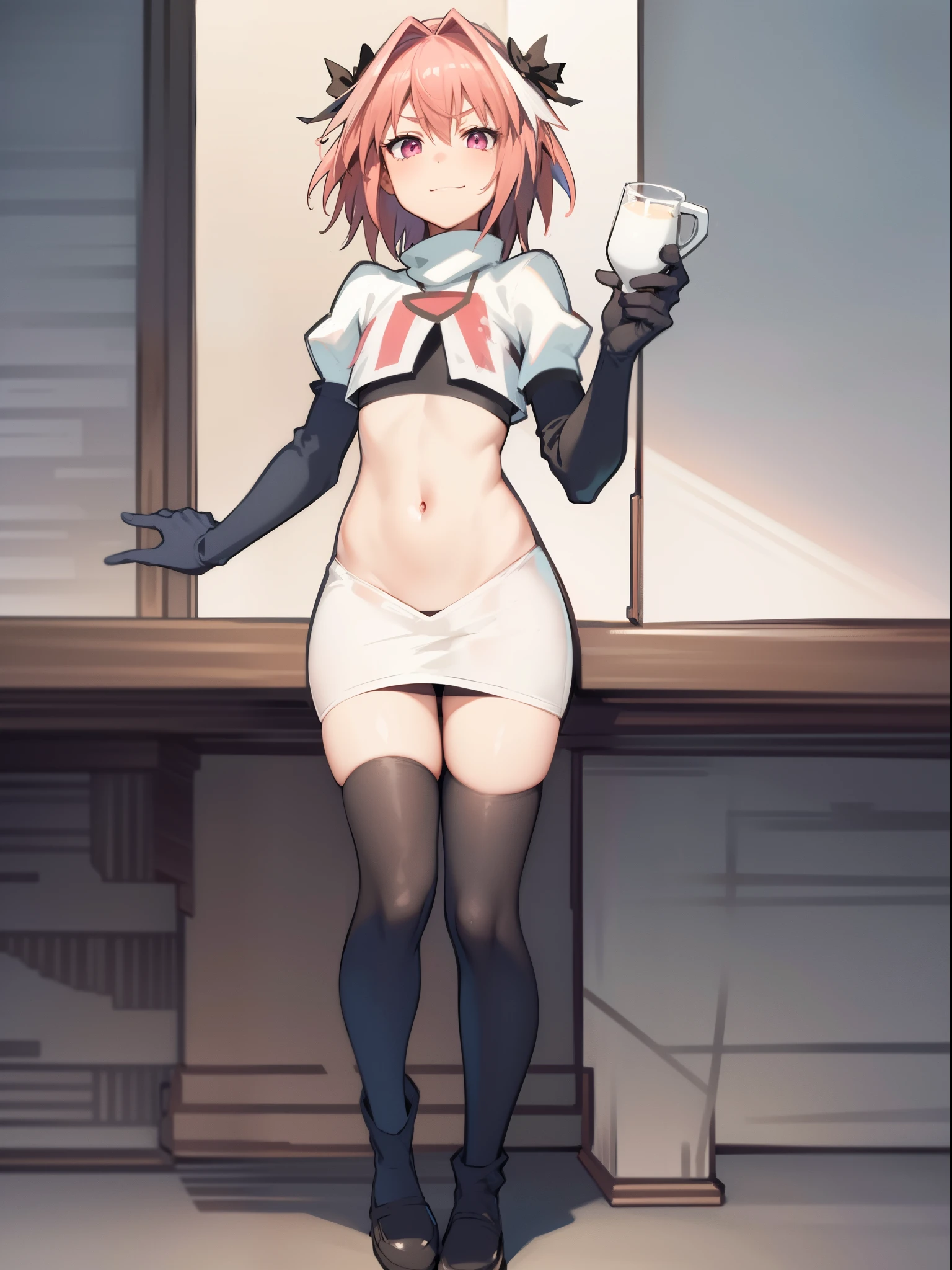 absurdres, masterpiece, best quality, (astolfo fate:1.2155), 1boy, male focus, trap, pink multicolored hair, pink hair, white hair, hair intakes, long hair, pink detailed eyes, crossdressing,1boy, team rocket,team rocket uniform, red letter R, white skirt,white crop top,black thigh-highs,black elbow gloves