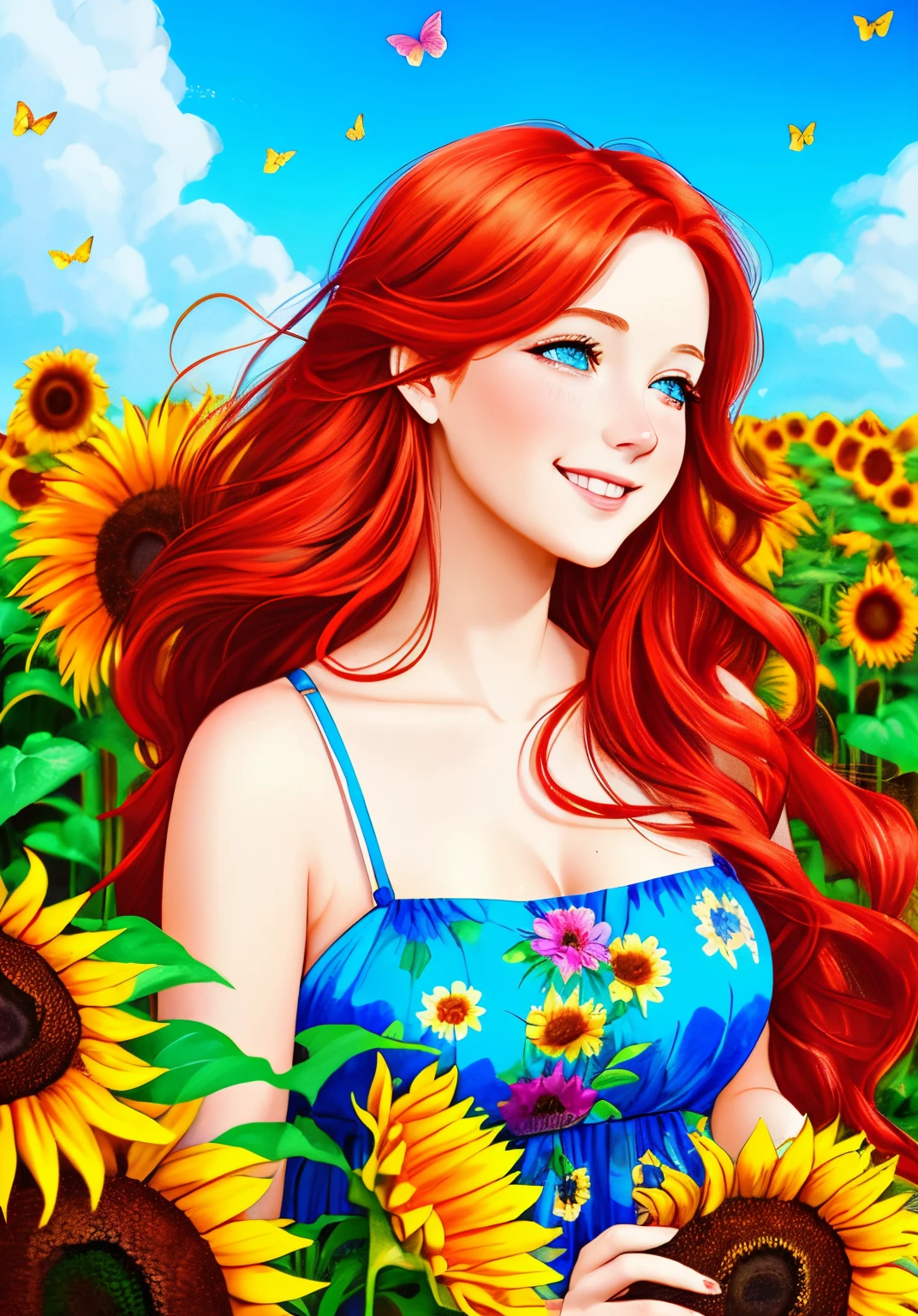 (best quality,highres),vibrant colors,illustration,ink paint,cute,red hair,long wavy hair,blue eyes,rosy cheeks,smiling face,floral dress,standing in a garden,sunflowers,butterflies dancing around her,soft sunlight,peaceful atmosphere.