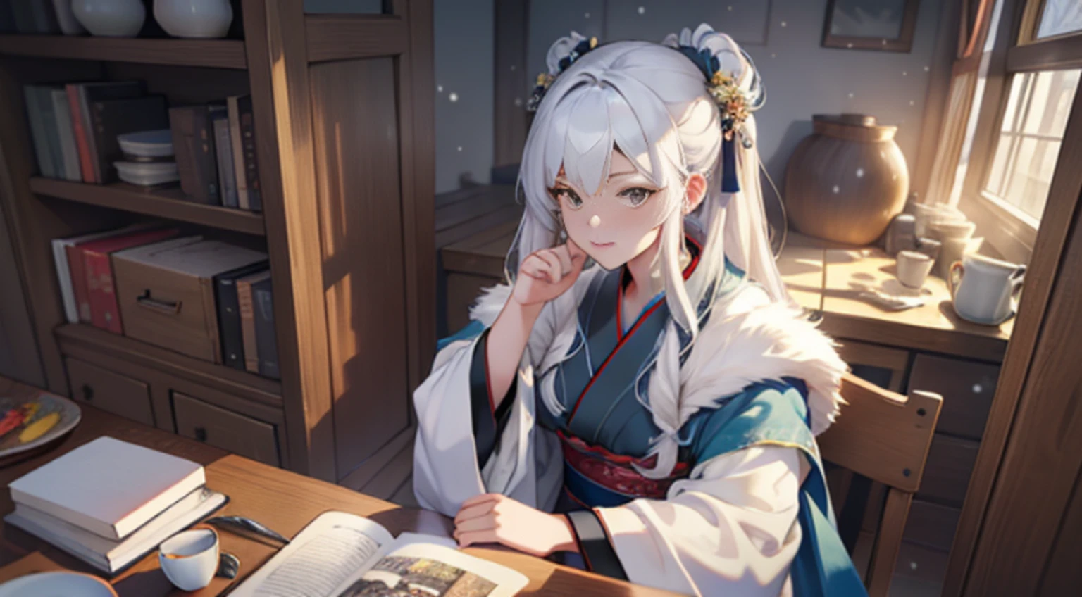 One wearing blue clothes,long, Flowing white hair、Alpha image of a woman with beautiful hairstyle,palaces,A girl in Hanfu,Very popular on cgstation,Guviz-style artwork,Guwitz,Inspired by Du Qiong,Inspired by Ma Yuanyu,8K)),Cold winter,winter solstice,Wear thick clothing,There is a fur collar,nevando,Winter view,beautiful snowy landscape,indoor table