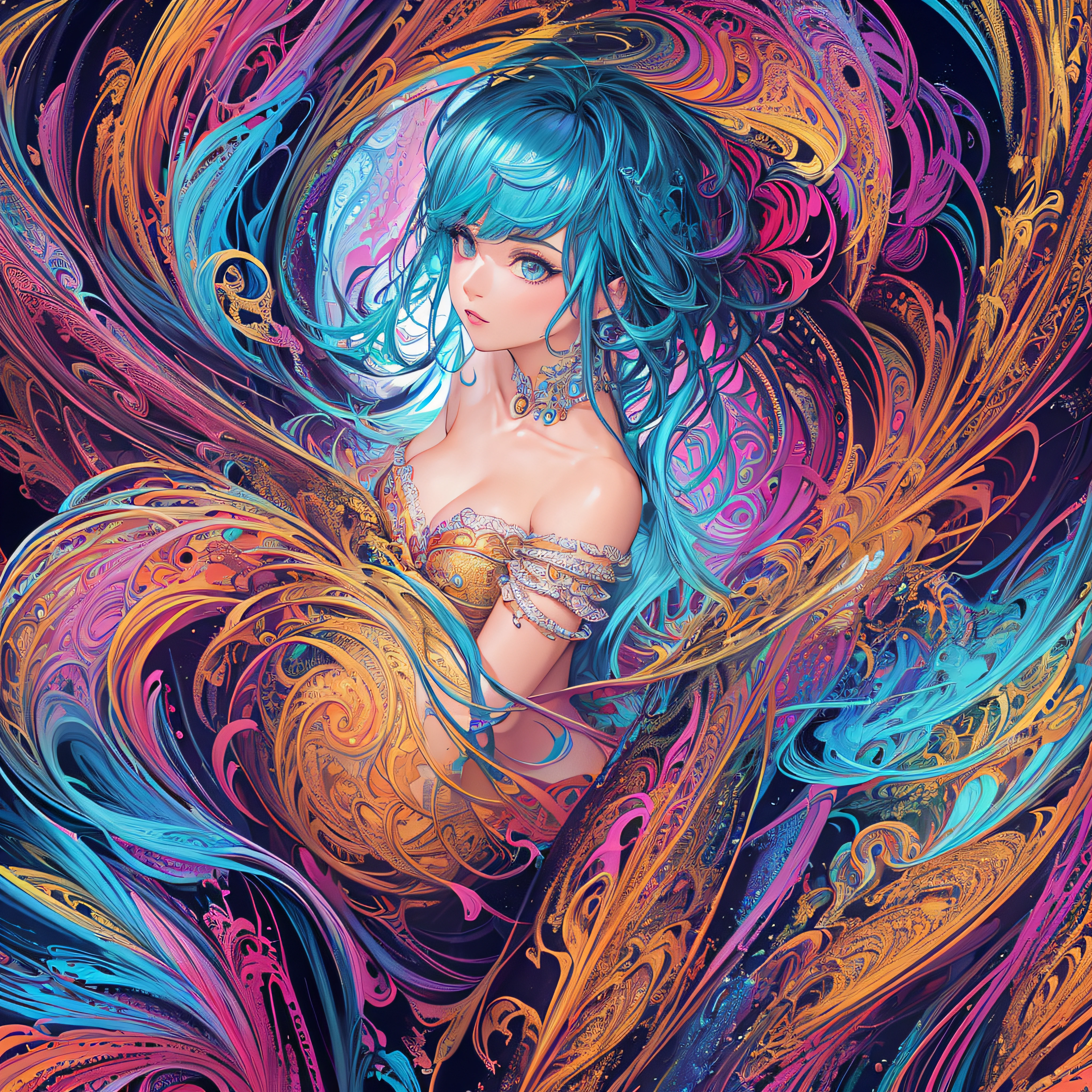 (masterpiece, top quality, best quality, official art, beautiful and aesthetic:1.2), (1girl:1.3), extremely detailed,(fractal art:1.2),colorful,highest detailed,(zentangle:1.2), (dynamic pose), (abstract background:1.5), (treditional dress:1.2), (shiny skin), (many colors:1.4), upper body