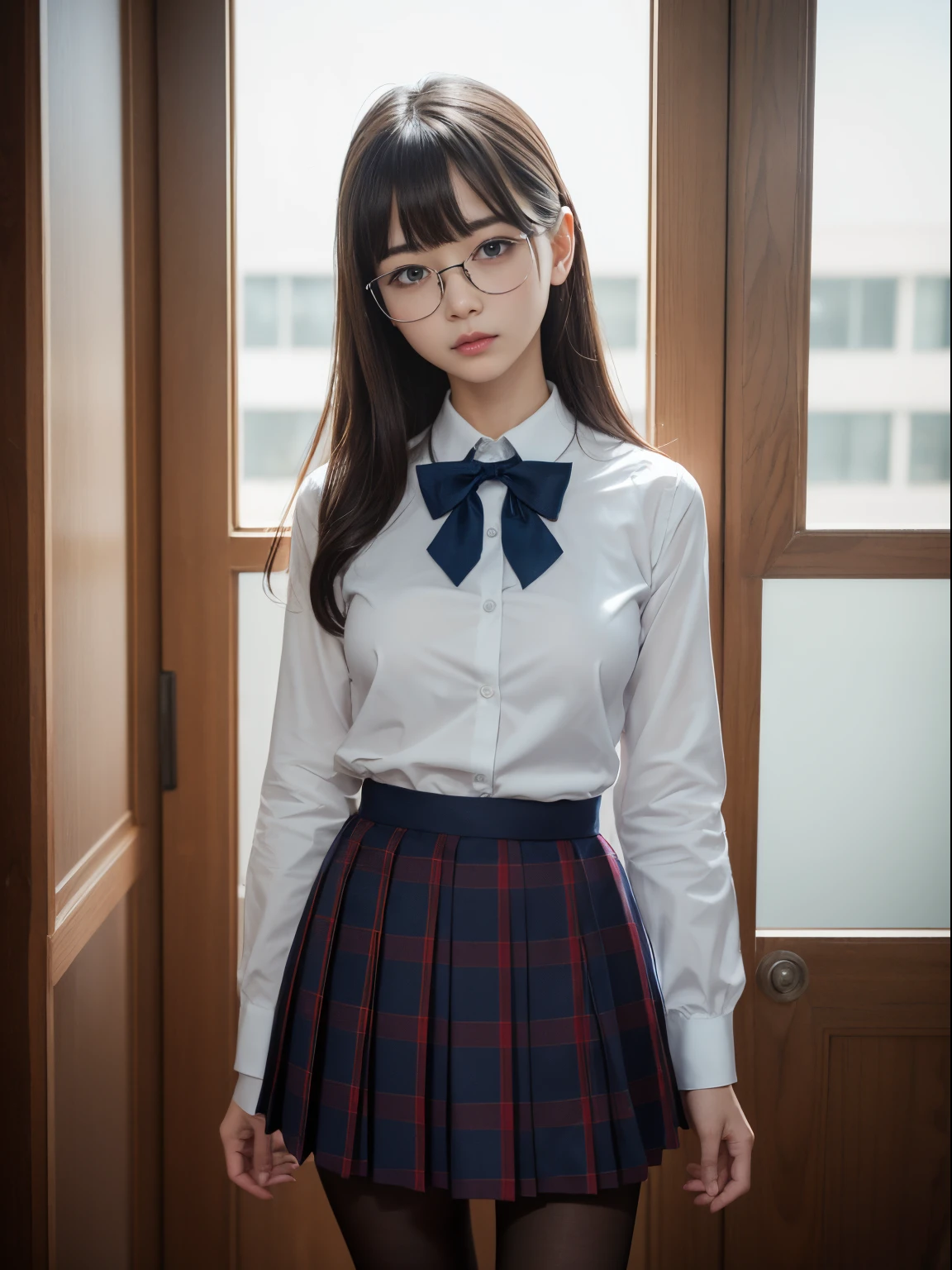 (Underwear is visible)、((Narrow-eyed))、((Narrow-eyed))、((Narrow-eyed))、(8K、Raw photography、top-quality、masterpiece:1.2),、Has a small、(flat breast)、(flat breast)、(flat breast)、(flat breast)、(flat breast)、(being thin)、light skinned、skin whitening、Dark look、Rasping,glamor,Chromo-white skin,cocky,School,watching at viewers,Looking at the front,Muchimuchi,High-pitched clothing,Erotic,Pupils,de pele branca,kne,((Black pantyhose)),absurderes,a small face,,Forehead visible,Bangs hanging from the left and right sides of the forehead,(a cold expression,Tight eyes,glares,Bullish,irate)、masterpiece,top-quality、超A high resolution,Raw photo,ren,Beautiful fece,One Person, 独奏,eye glass,,Dark look,Small breasts,fullllbody,Round glasses,JK school uniform,hi-school girl,A Japanese Lady,is standing,(Photorealsitic:1.37)、Photon mapping,Realistic、Beautie,Cute little face,Brown-eyed、Black socks、(Red bow tie)、Radio City、Physically Based Rendering、depth of fields、Blurry background、a picture,Body,beauty legs, Long legs, Thin leg,(Bangs are visible), hair, s lips, Blue_The eye, nosesoft,(Light blue shirt), (Navy and blue and white plaid pleated skirt), Knees are visible,Sheer clothing,, Thigh, Black cotton socks,Nogizaka Idol, 女優, Japanese ido
