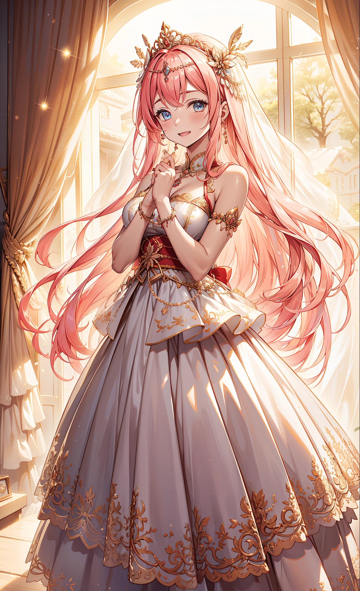 (Best quality at best, A high resolution, ctextured skin, high high quality, high detal,Extremely detailed CG unification),-year-oldan,obsed,Divine happiness,In love,having fun,(Heavenly Maxi and Ballgown Combinations),with pink hair,eBlue eyes,(Fabric headdress),Maximalism,multi-layered ruffles,Lace,delicate embroidery,delicate patterns,Fabric headdress,dress nicely,sheer transparent clothes,Bedrooms,Sparkling,(Looks like'covered by transparent skirt:1.1),电影灯光,natta,the only person,Fluttering skirts,exquisite and beautiful face