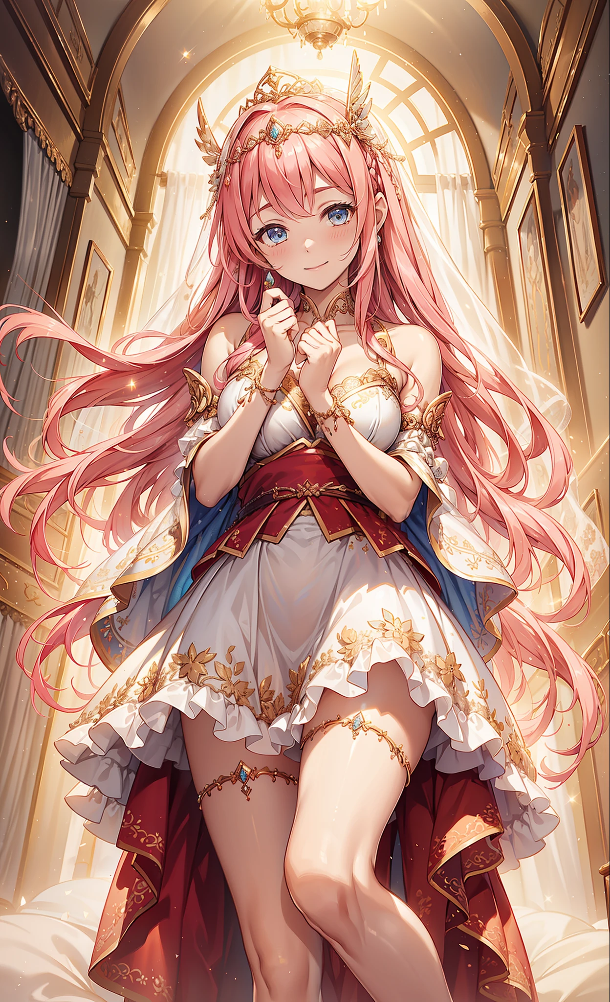 (Best quality at best, A high resolution, ctextured skin, high high quality, high detal,Extremely detailed CG unification),Eighteen-year-old woman，obsessed，Divine happiness，In love，having fun，(Heavenly Maxi and Ballgown Combinations)，with pink hair，eBlue eyes，(Fabric headdress)，Maximalism，multi-layered ruffles，Lace，delicate embroidery，delicate patterns，Fabric headdress，dress nicely，sheer transparent clothes，Bedrooms，Sparkling，(Looks like&#39;covered by transparent skirt:1.1)，电影灯光，natta，the only person，Fluttering skirts，exquisite and beautiful face