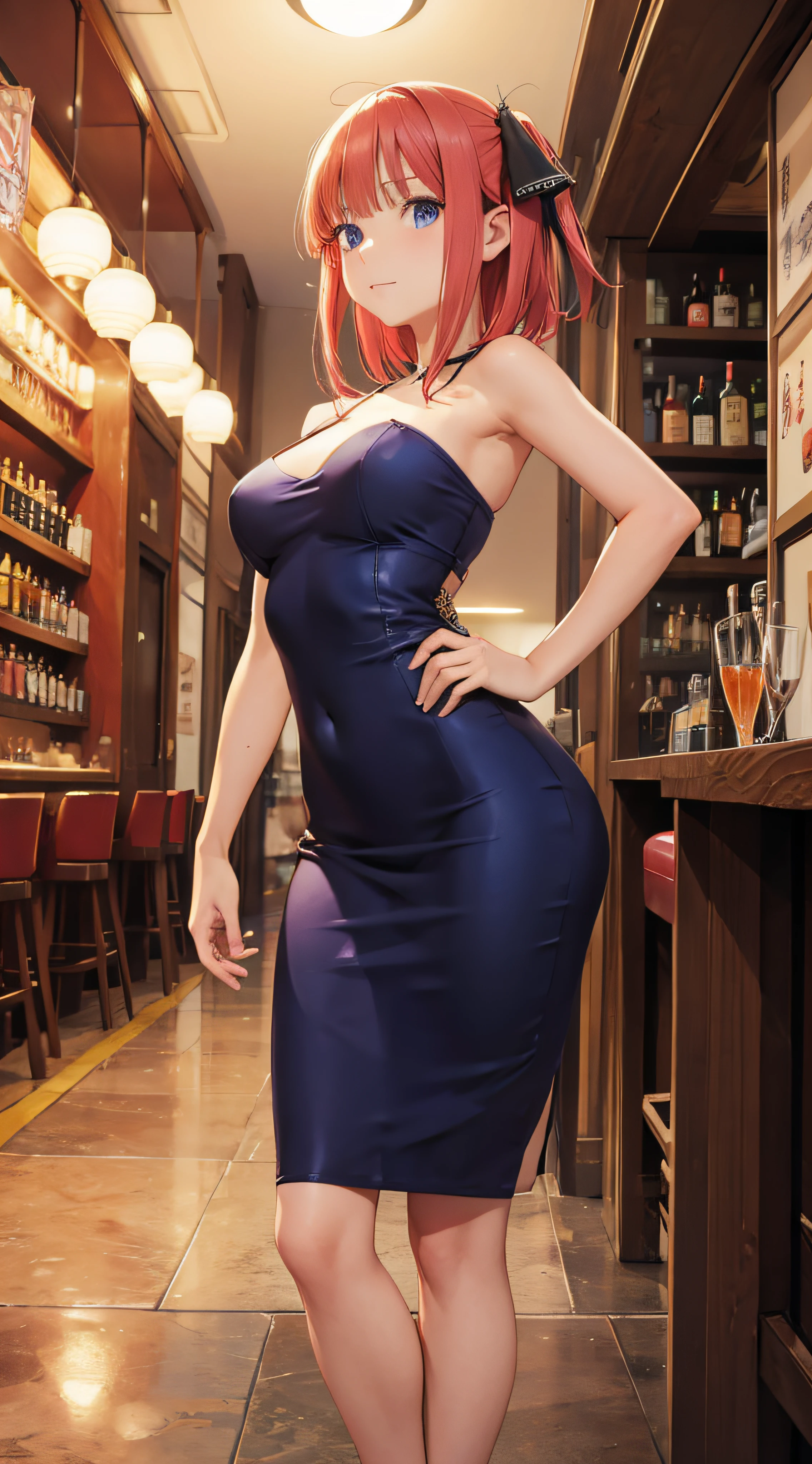 Nino Nakano,Pose sexy,vestido elegante,bar