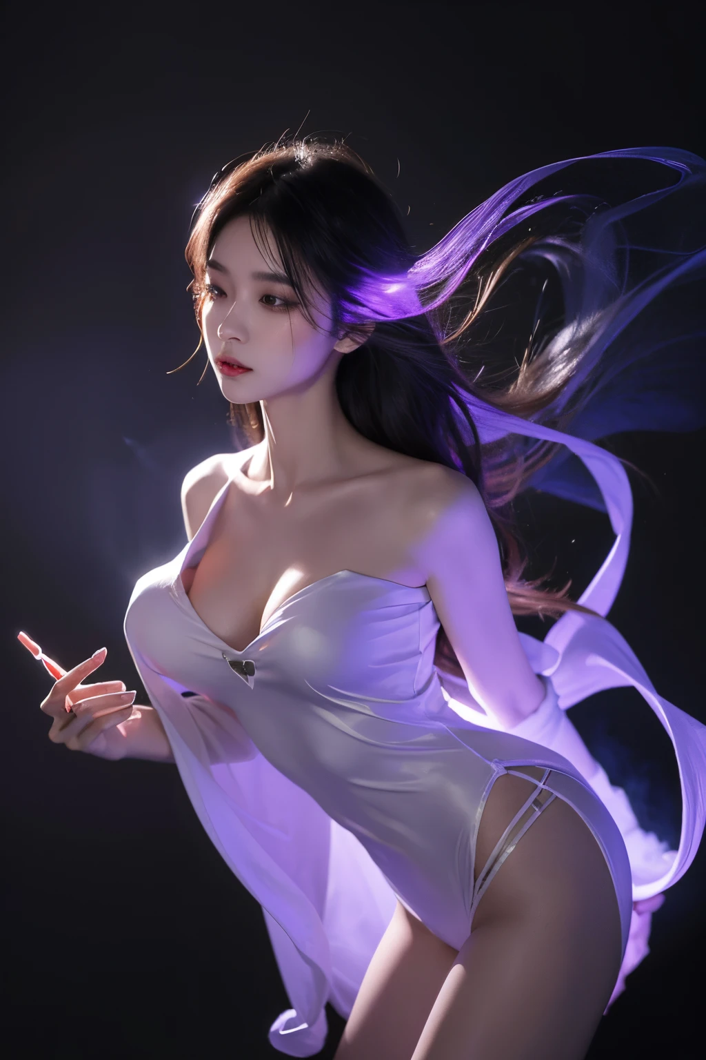 Beutiful women, 
A half body. smoke turns into ghost, 
Capturing the essence of abstraction and mystery. With minimalist neon sketch [color purple] and smooth contours.